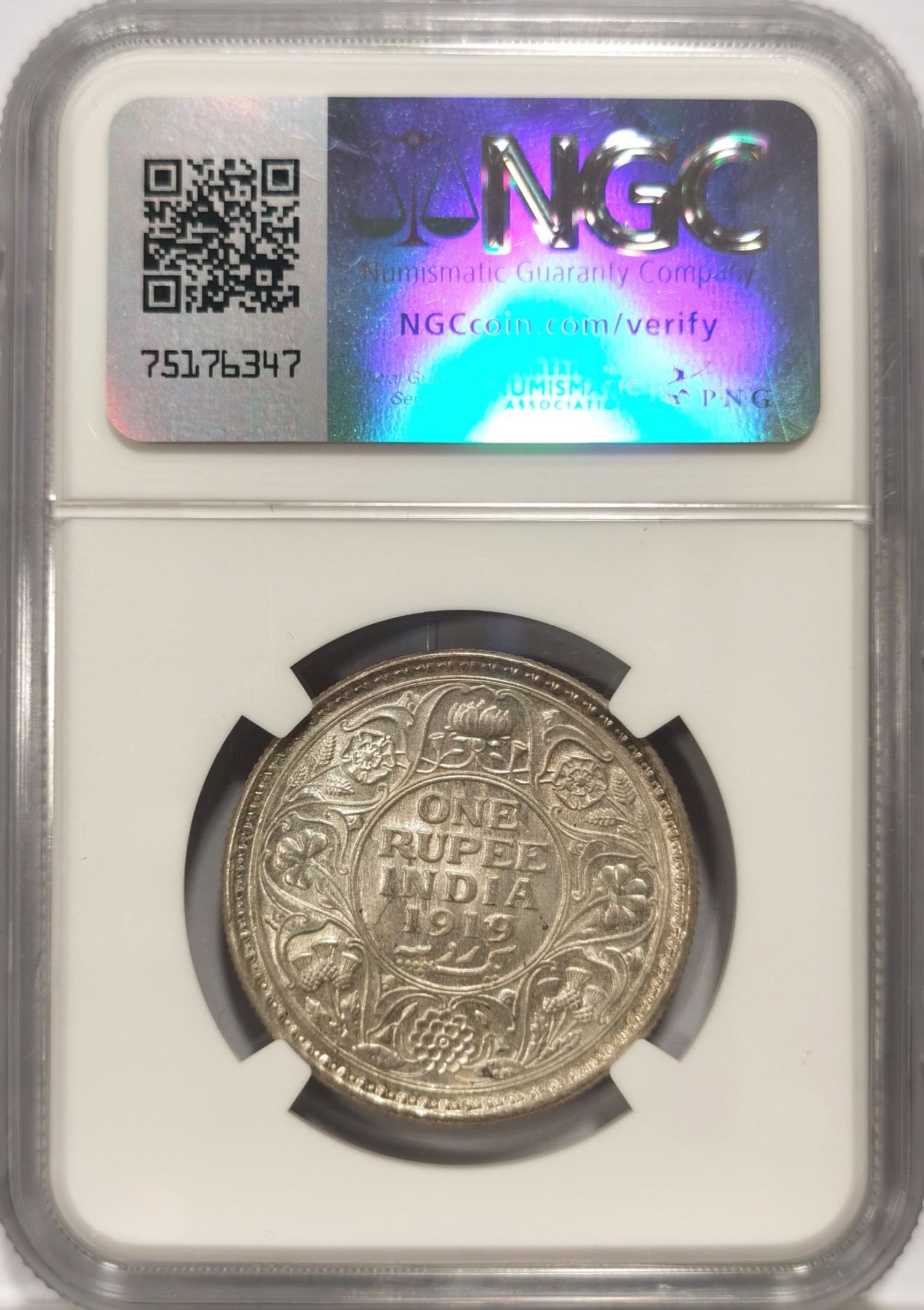 博洋堂世界钱币拍卖第064期（全场包邮） NGC MS63 英属印度1919年C版乔治五世1卢比银币