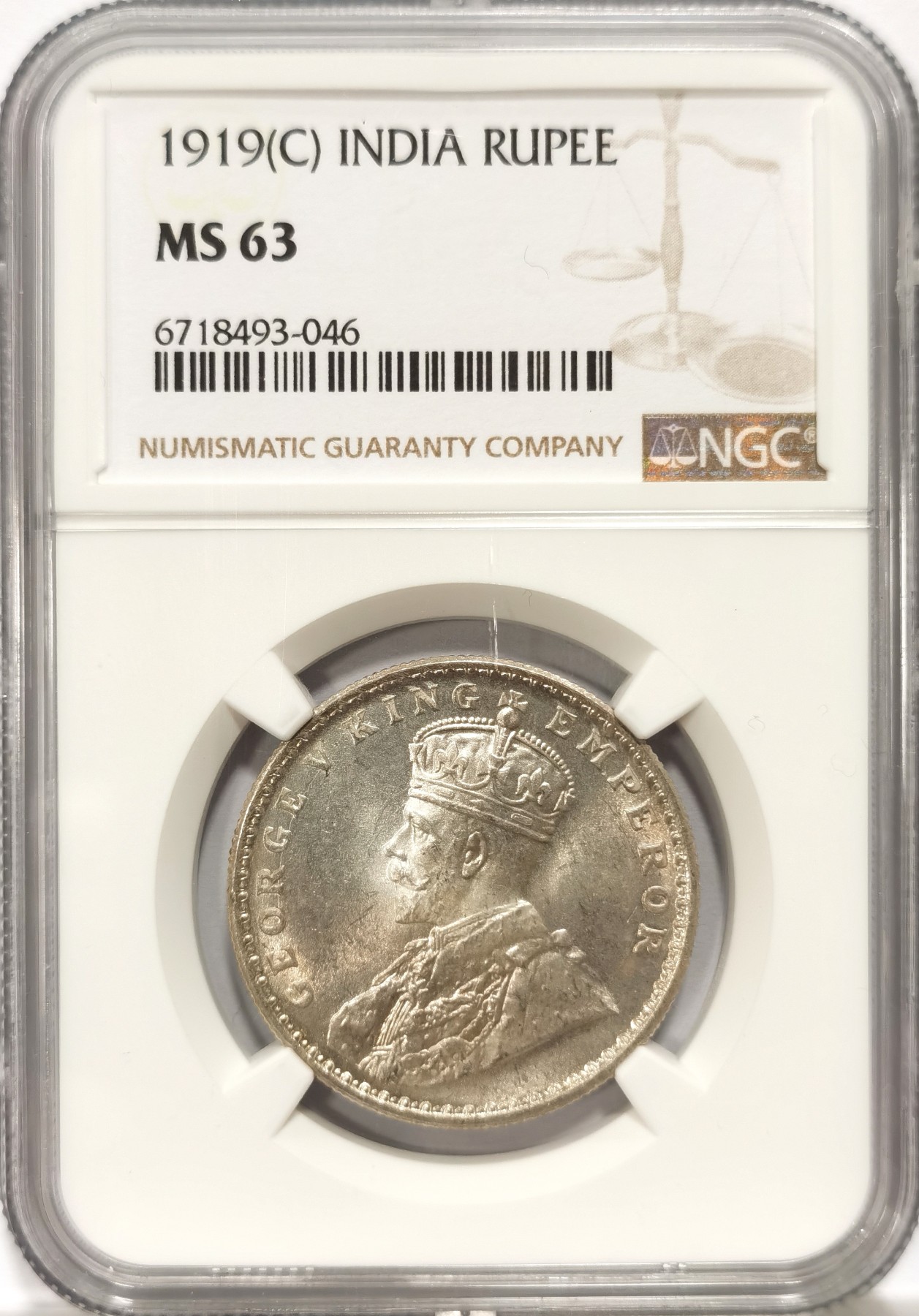 博洋堂世界钱币拍卖第064期（全场包邮） NGC MS63 英属印度1919年C版乔治五世1卢比银币