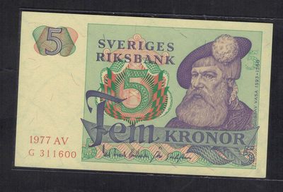 瑞典1977年5克朗 号码颜色浅 无47 00双尾 欧洲纸币 实物图 UNC - 瑞典1977年5克朗 号码颜色浅 无47 00双尾 欧洲纸币 实物图 UNC