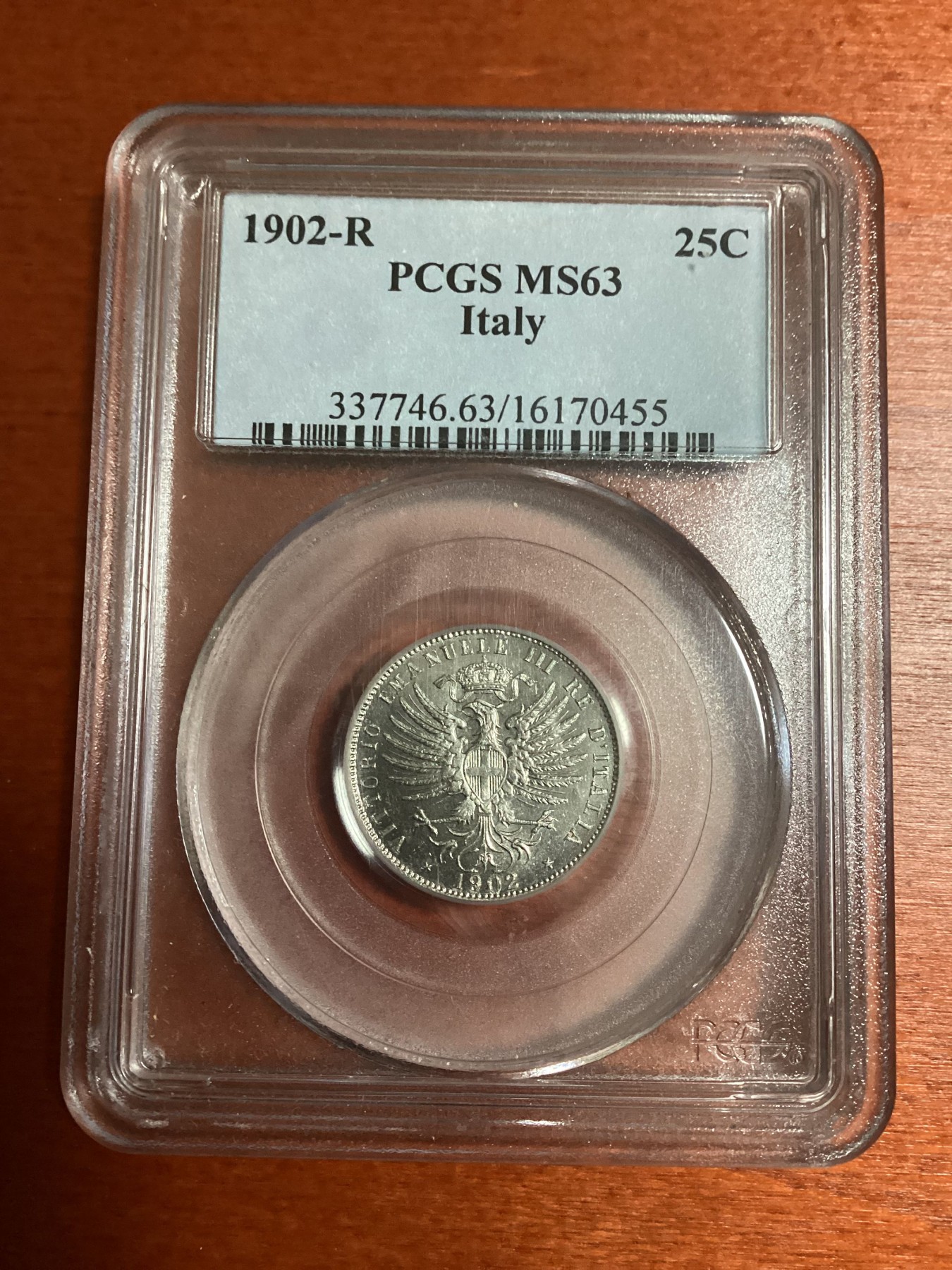 长老汇兔年精选第二场 1902-R 25C意大利25分镍币，PCGS MS63分，季军分，更高分仅有5枚，老盒，币子清爽，适合品玩