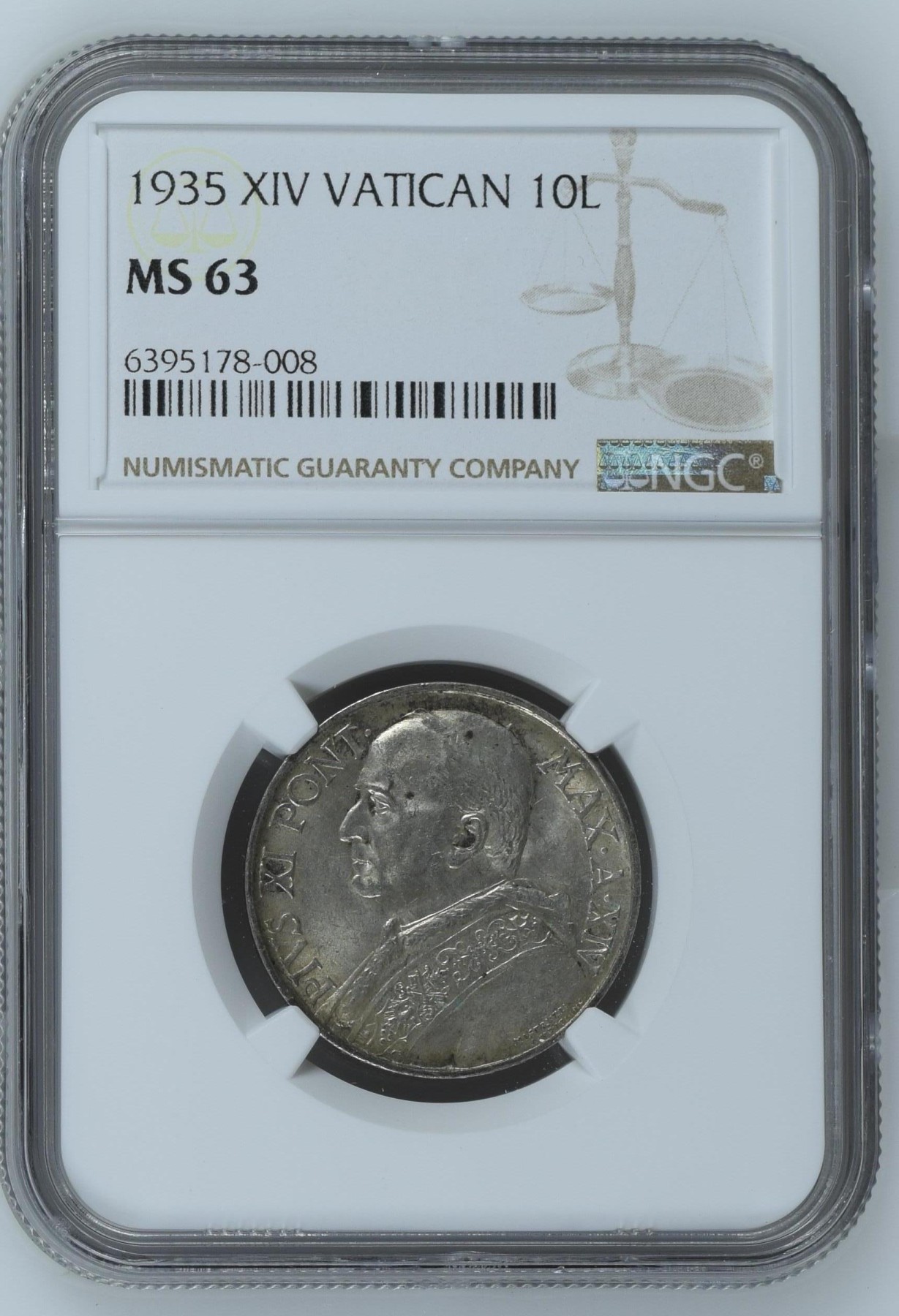 长老汇兔年精选第二场 1935 XIV VATICAN梵蒂冈庇护十一世10里拉银币，NGC MS63分，亚军分，更高分仅有两枚