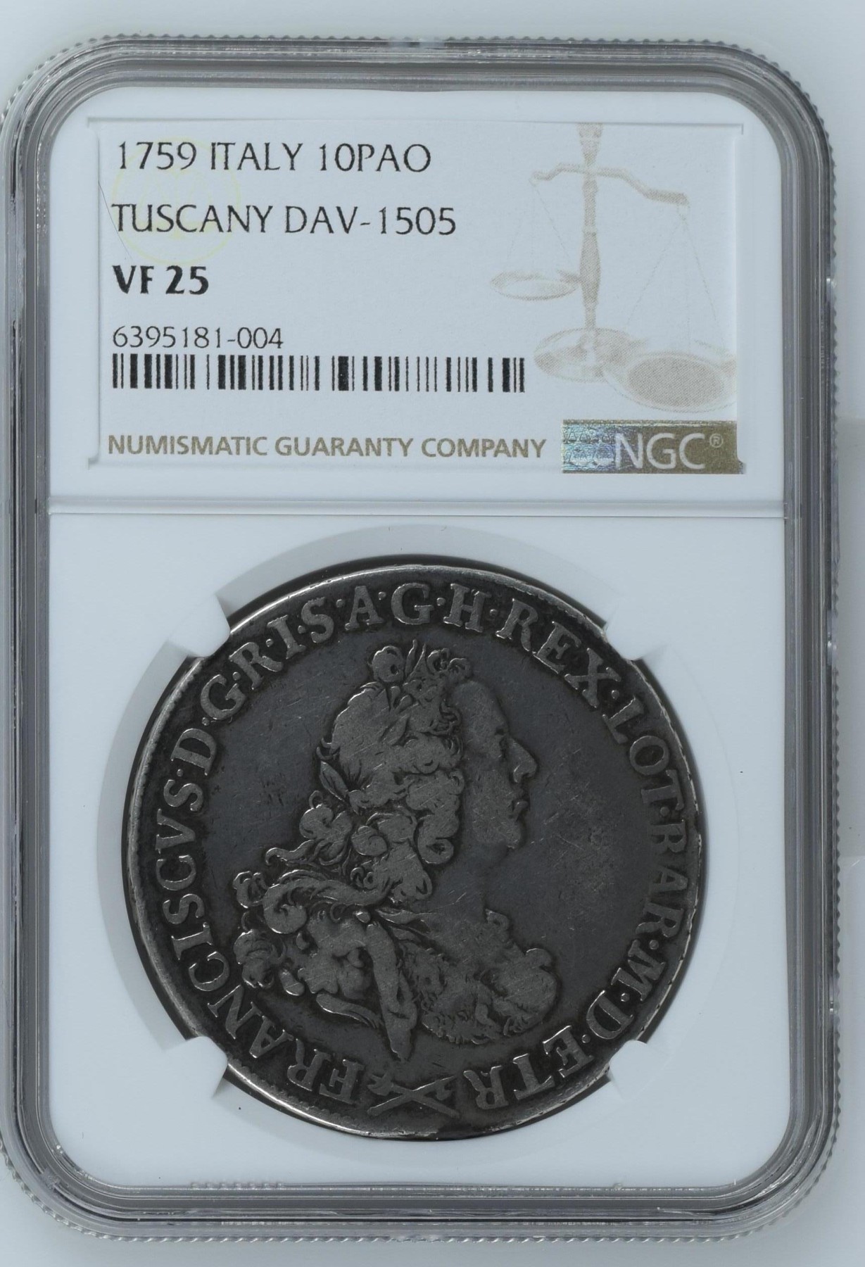 长老汇兔年精选第二场 1759 ITALY TUSCANY DAV-1505意大利托斯坎尼10PAO大银币，NGC VF25分，唯一冠军分，十分稀缺！