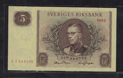 瑞典1963年5克朗 P-50b 尾8 欧洲纸币 实物图 UNC - 瑞典1963年5克朗 P-50b 尾8 欧洲纸币 实物图 UNC