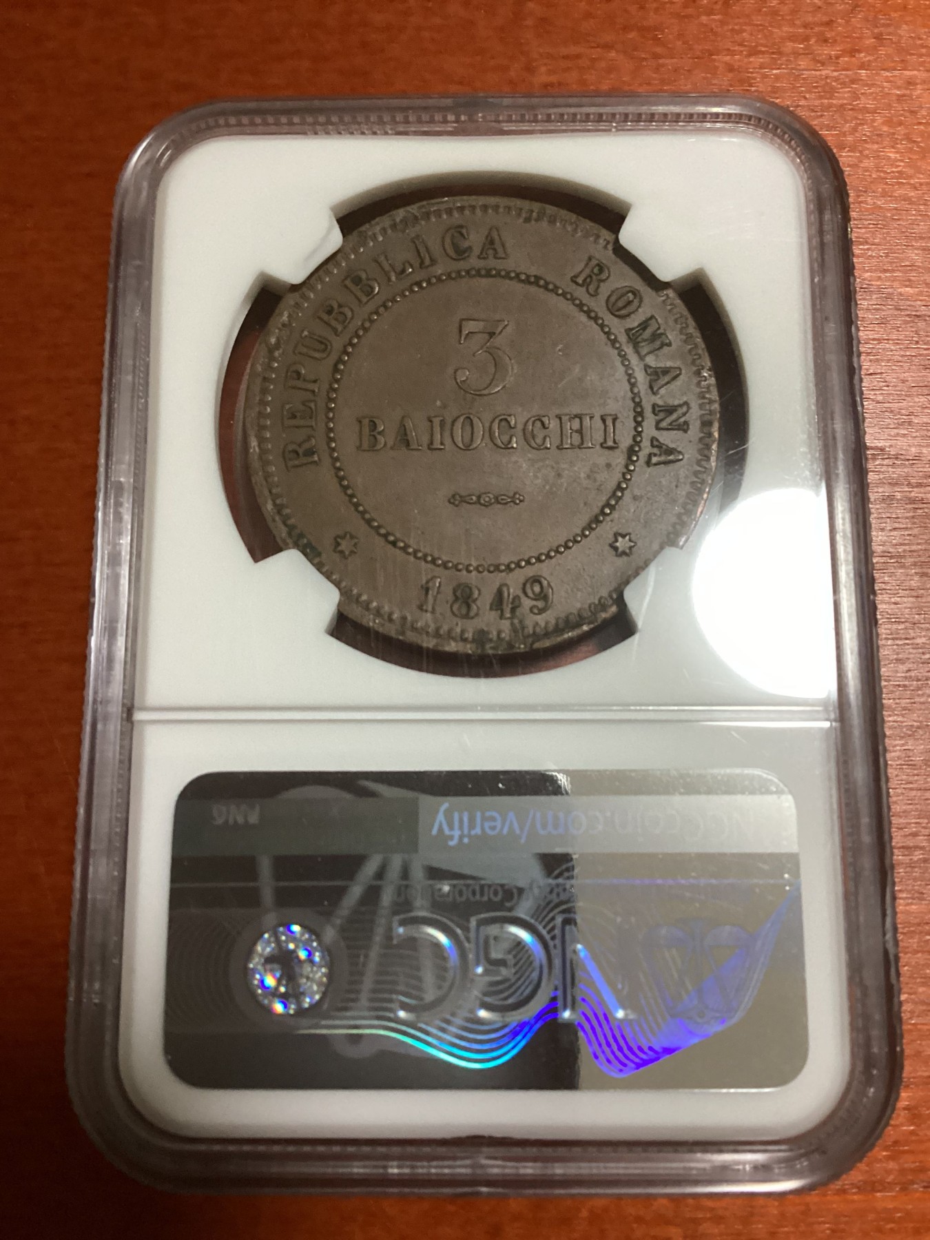 长老汇兔年精选第二场 1849B ITALY ROMAN REPUBLIC FLAT TOP 3意大利罗马共和国3B大铜币，版别：正面平顶数字3，克书MS60分标价200美金