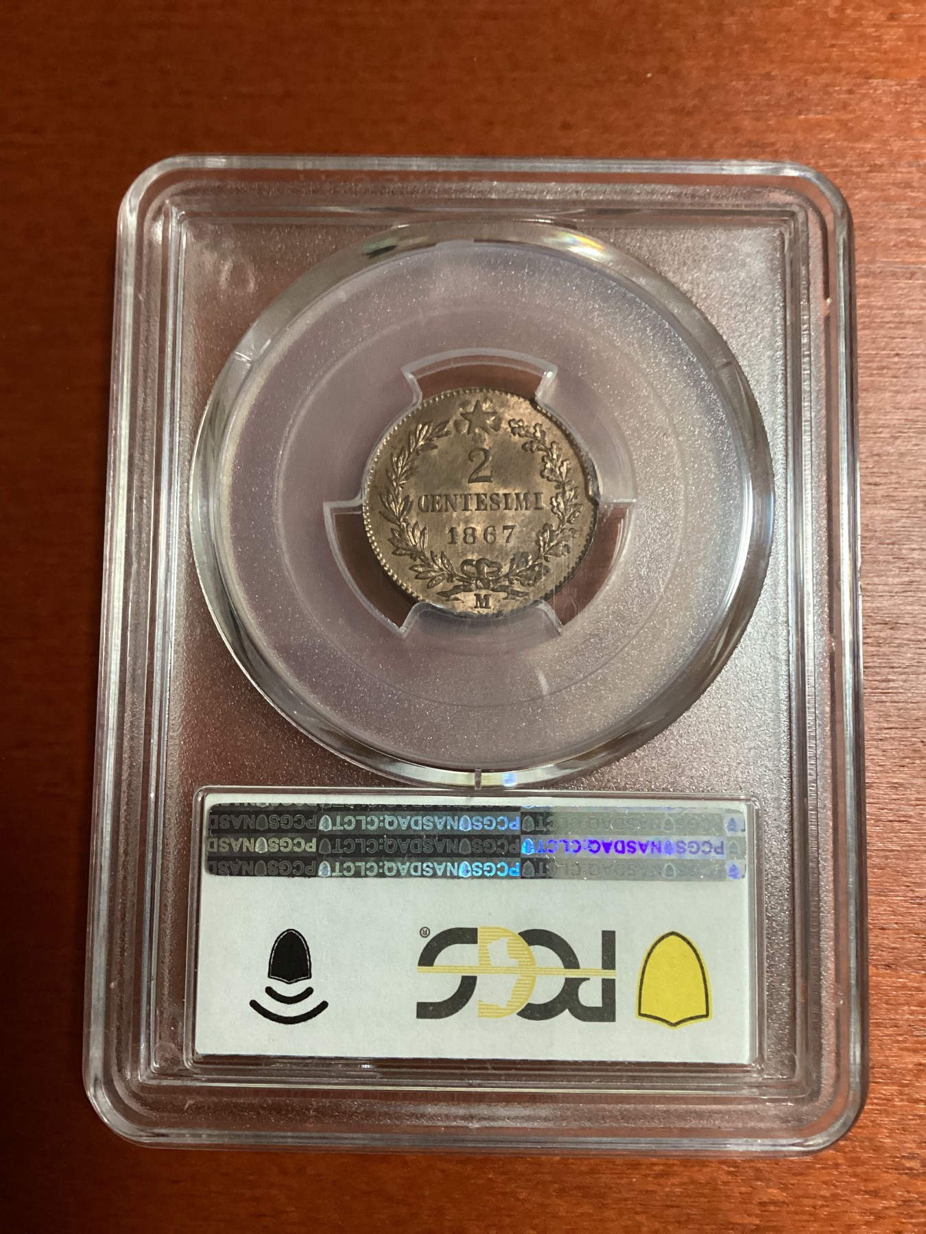 长老汇兔年精选第二场 1867-M 2C, RD意大利伊曼纽尔二世2分铜币，PCGS MS65RD，唯一记录