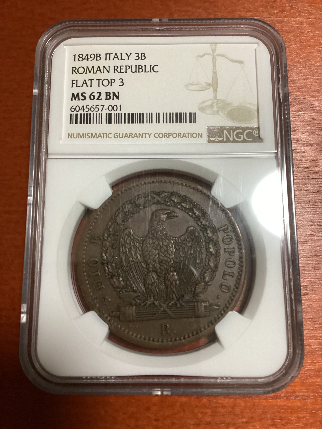 长老汇兔年精选第二场 1849B ITALY ROMAN REPUBLIC FLAT TOP 3意大利罗马共和国3B大铜币，版别：正面平顶数字3，克书MS60分标价200美金