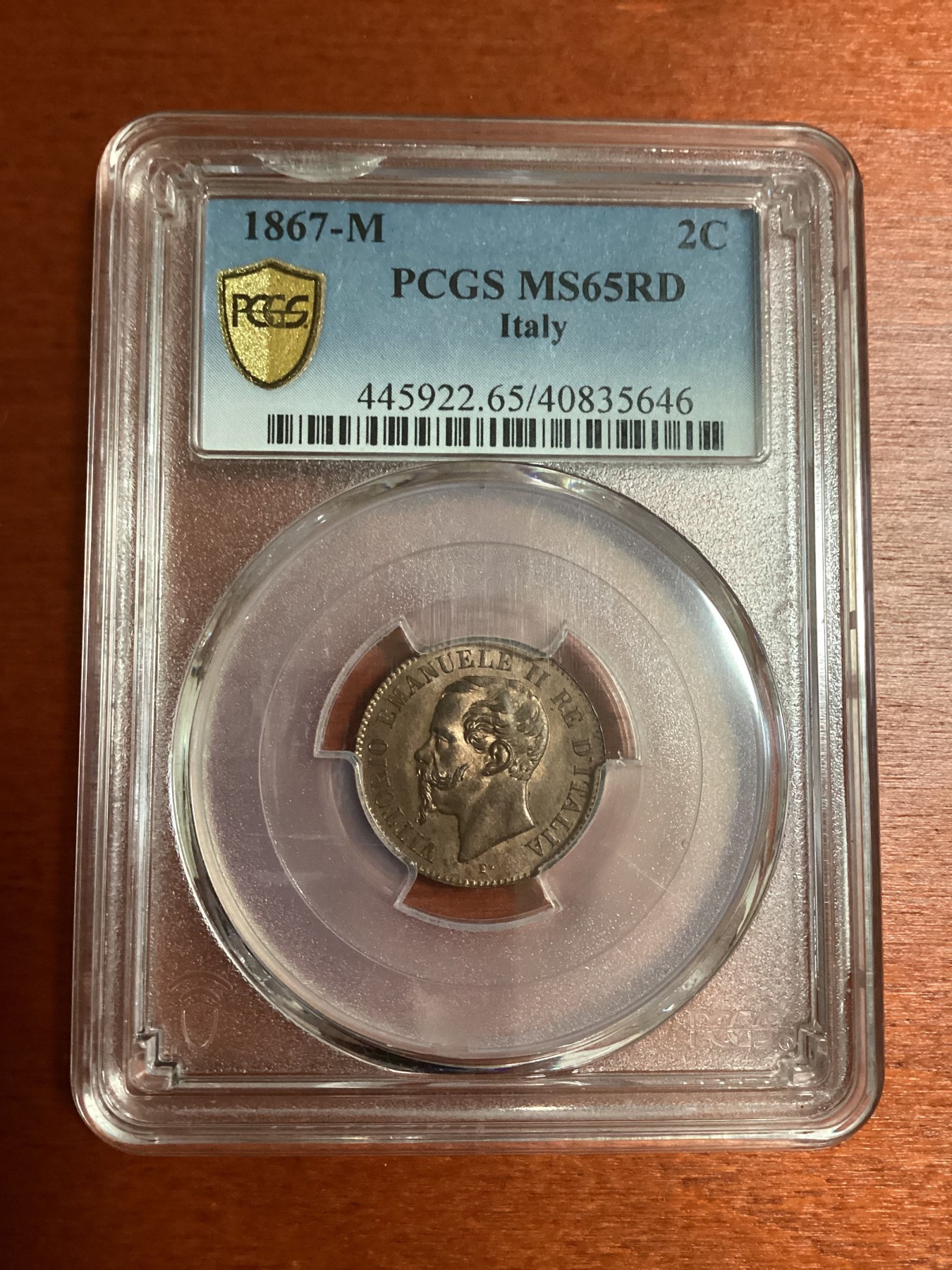 长老汇兔年精选第二场 1867-M 2C, RD意大利伊曼纽尔二世2分铜币，PCGS MS65RD，唯一记录