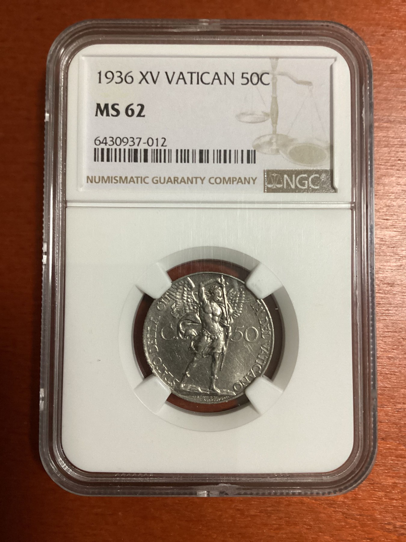 长老汇兔年精选第二场 1936 XV VATICAN梵蒂冈教皇庇护十一世大天使50分镍币，NGC MS62分