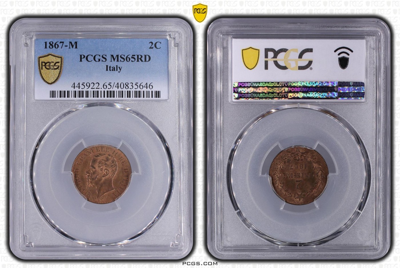 长老汇兔年精选第二场 1867-M 2C, RD意大利伊曼纽尔二世2分铜币，PCGS MS65RD，唯一记录