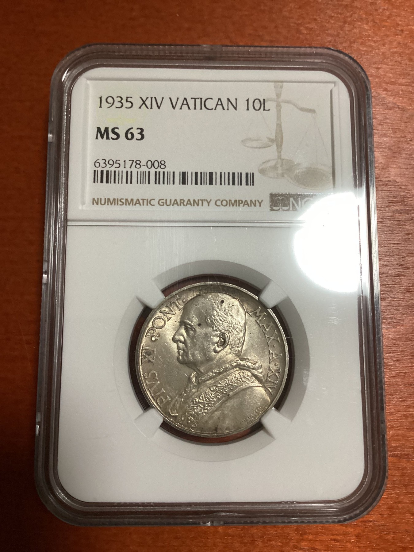 长老汇兔年精选第二场 1935 XIV VATICAN梵蒂冈庇护十一世10里拉银币，NGC MS63分，亚军分，更高分仅有两枚