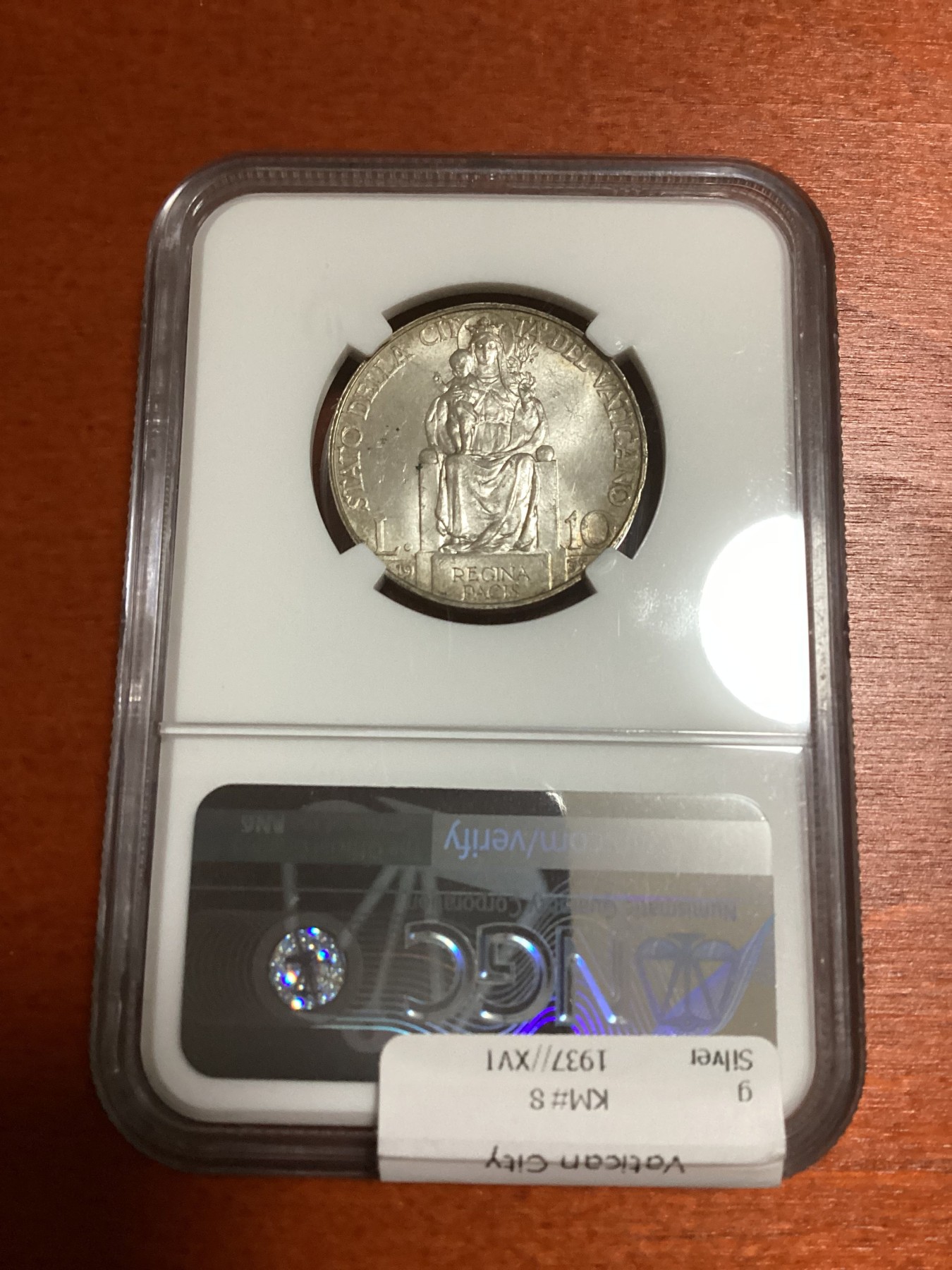 长老汇兔年精选第二场 1937 XVI VATICAN梵蒂冈教皇庇护十一世10里拉银币，NGC MS63分，季军分，更高分仅有6枚