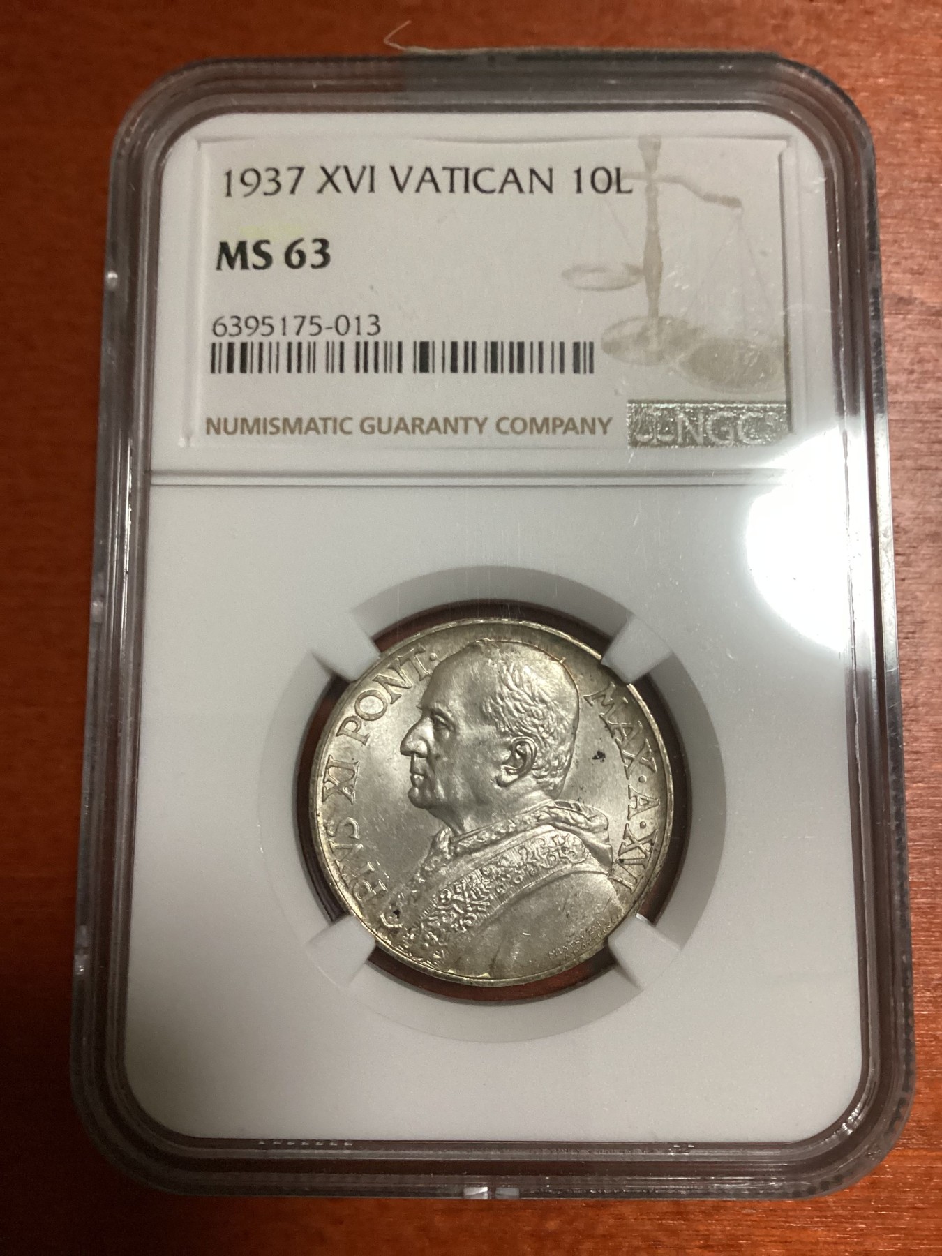 长老汇兔年精选第二场 1937 XVI VATICAN梵蒂冈教皇庇护十一世10里拉银币，NGC MS63分，季军分，更高分仅有6枚