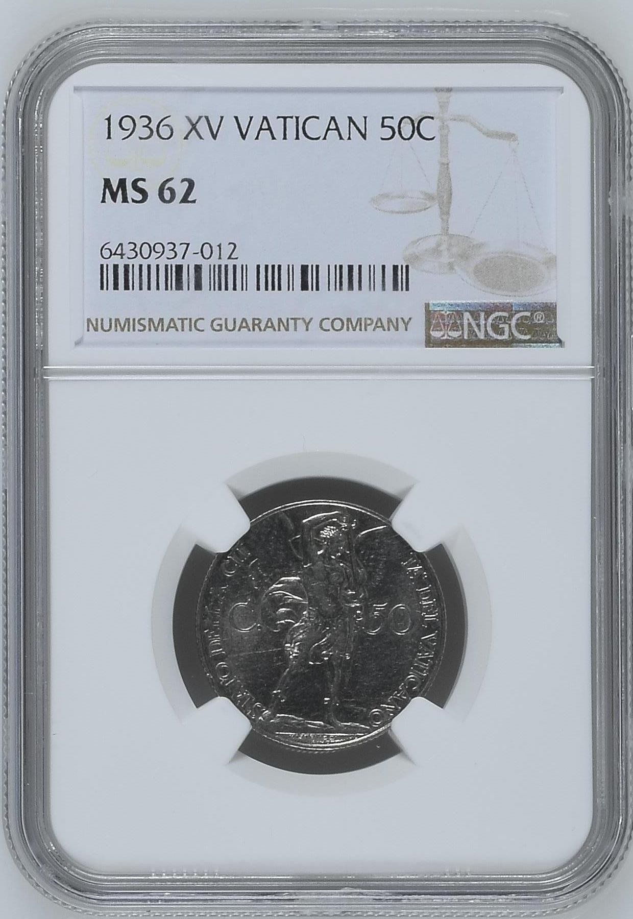 长老汇兔年精选第二场 1936 XV VATICAN梵蒂冈教皇庇护十一世大天使50分镍币，NGC MS62分