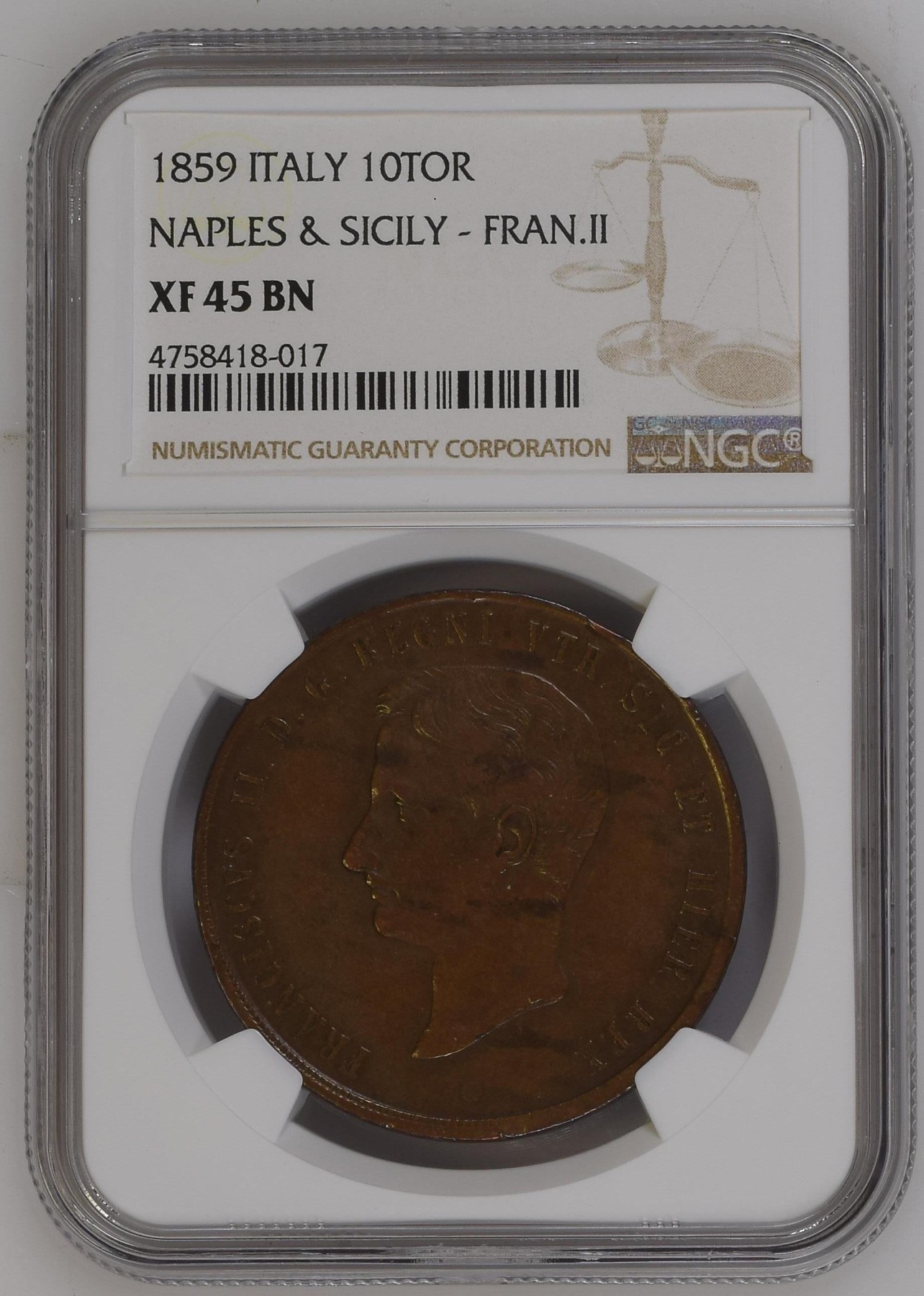 长老汇兔年精选第二场 1859 ITALY NAPLES & SICILY - FRAN.II意大利那不勒斯和西西里10TOR大铜币，NGC XF45BN，克书XF标价100美金