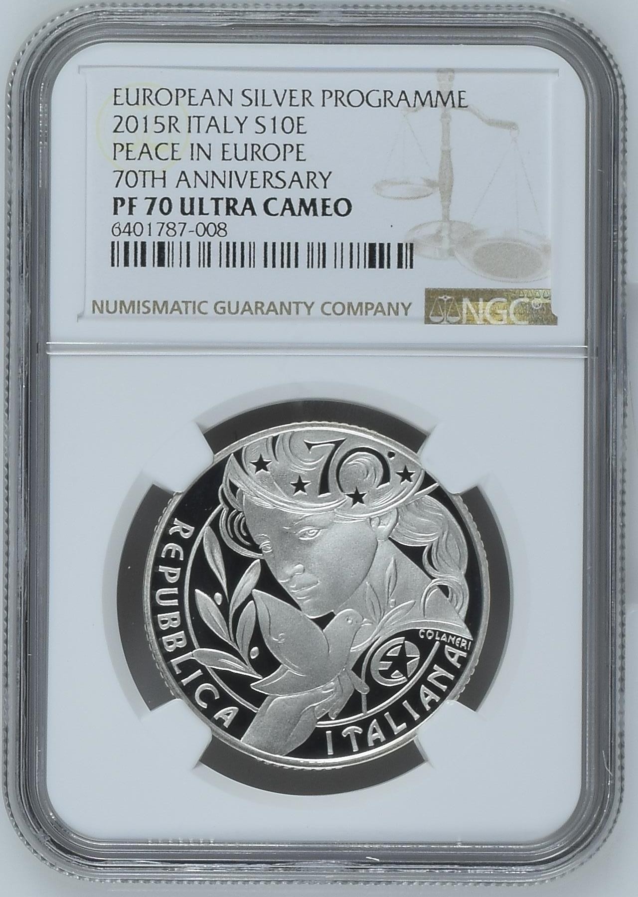 长老汇兔年精选第二场 2015R ITALY PEACE IN EUROPE 70TH ANNIVERSARY EUROPEAN SILVER PROGRAMME意大利欧洲和平10欧元精制银币，NGC PF70UC， 满分一共16枚，获奖币，价高难找