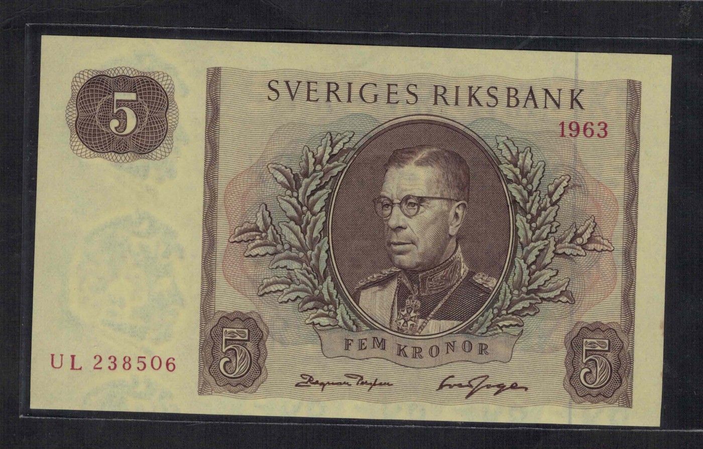 瑞典1963年5克朗 无47 P-50b 欧洲纸币 实物图 UNC
