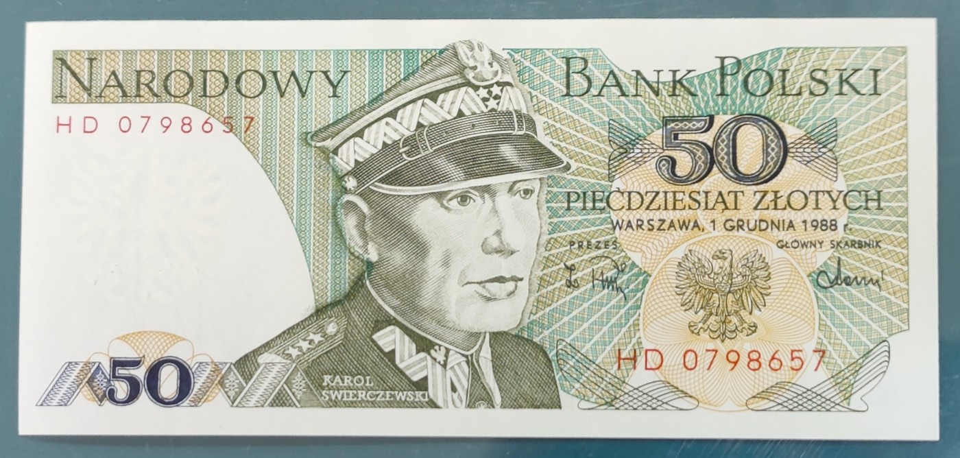 【欧洲】全新UNC 波兰50兹罗提纸币 外国钱币 1988年 P-142c