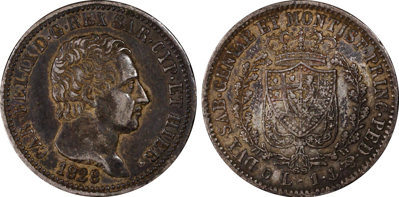 长老汇兔年精选第二场 1828 P Lira Anchor意大利萨迪那1里拉银币，PCGS XF40，唯一记录