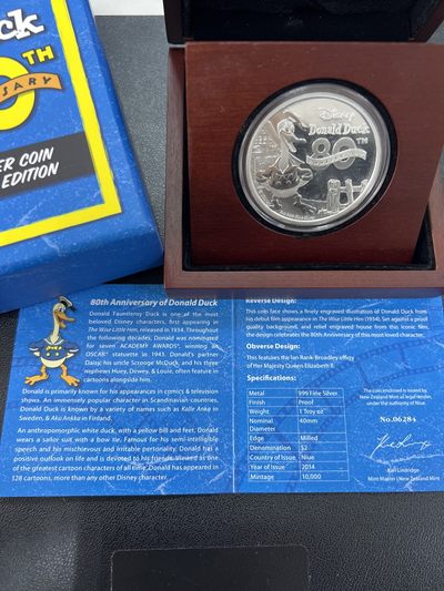 康怡轩钱币【俄罗斯+纽埃+新西兰+基里巴斯+德国 专场】第251001期  2014纽埃发行唐老鸭80周年1盎司2元精制纪念银币（原盒原证）
