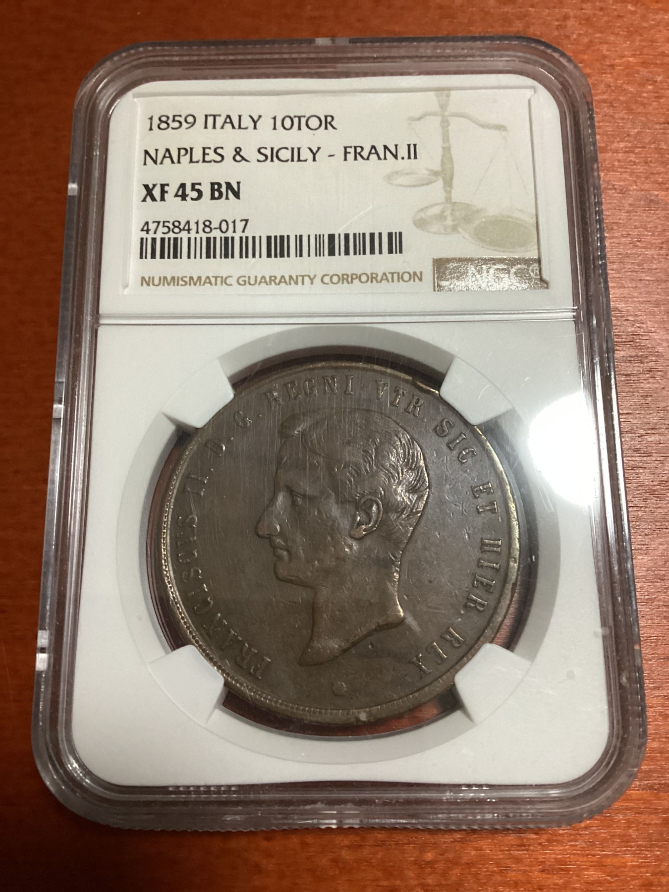 长老汇兔年精选第二场 1859 ITALY NAPLES & SICILY - FRAN.II意大利那不勒斯和西西里10TOR大铜币，NGC XF45BN，克书XF标价100美金
