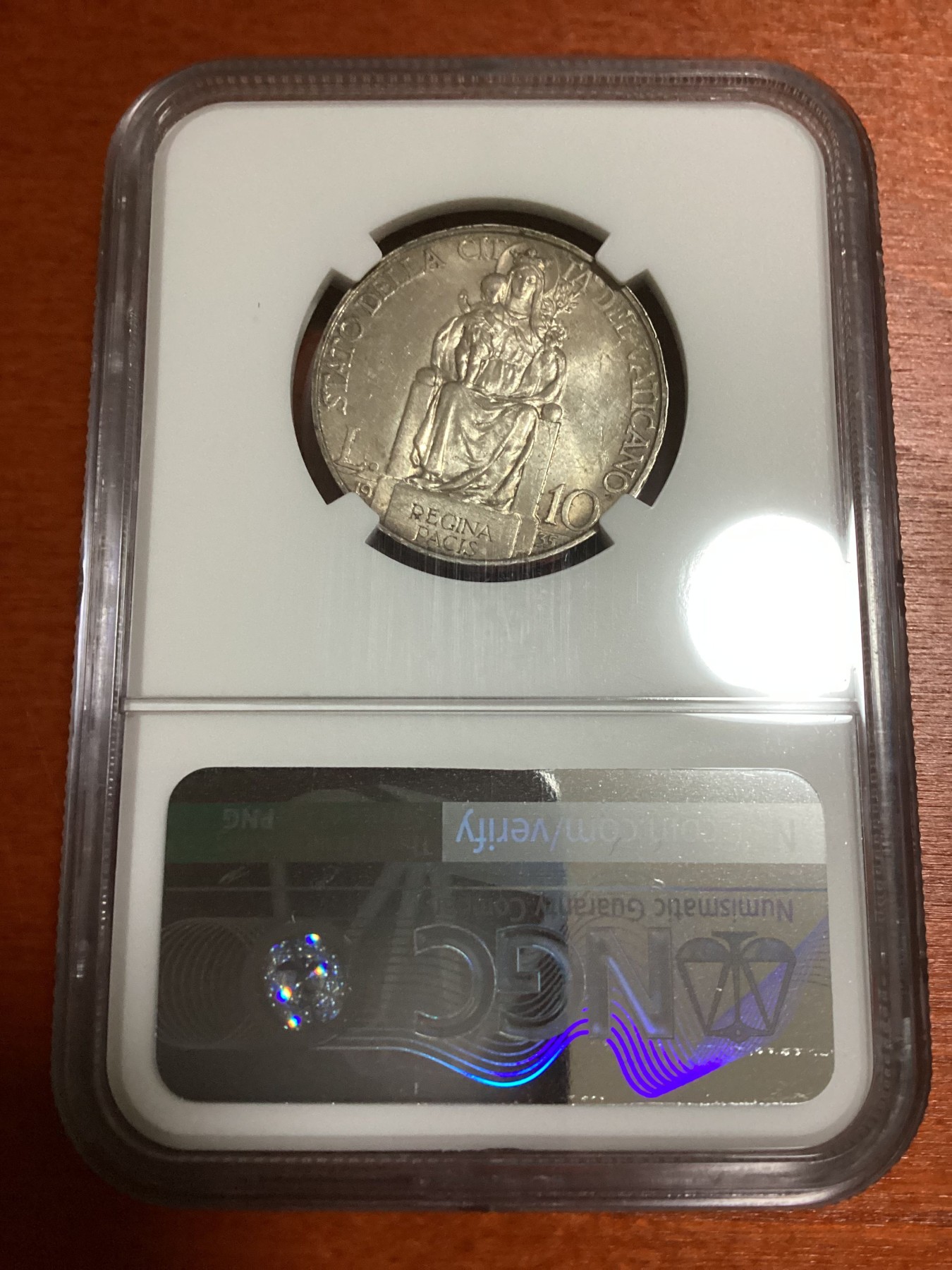 长老汇兔年精选第二场 1935 XIV VATICAN梵蒂冈庇护十一世10里拉银币，NGC MS63分，亚军分，更高分仅有两枚