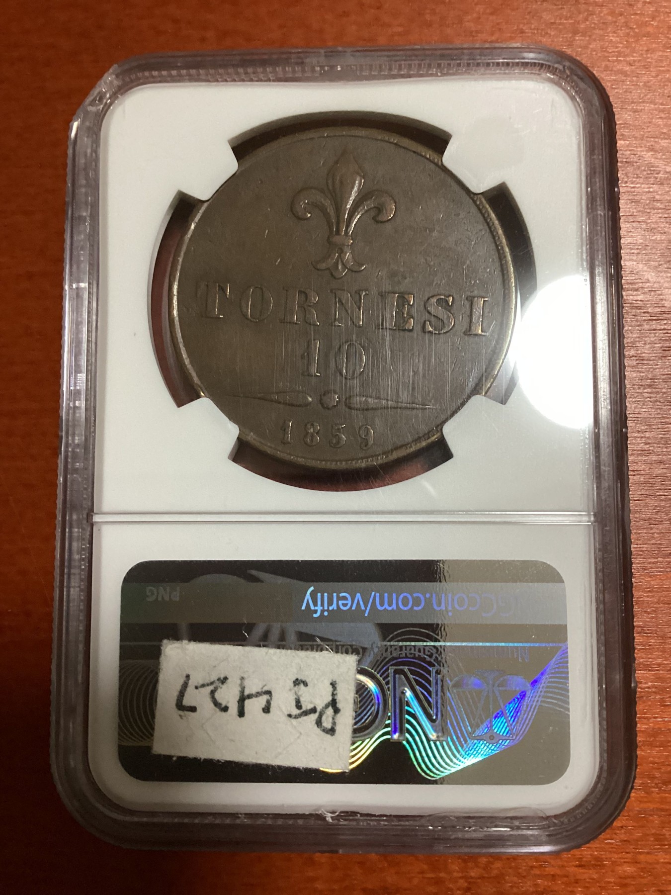 长老汇兔年精选第二场 1859 ITALY NAPLES & SICILY - FRAN.II意大利那不勒斯和西西里10TOR大铜币，NGC XF45BN，克书XF标价100美金