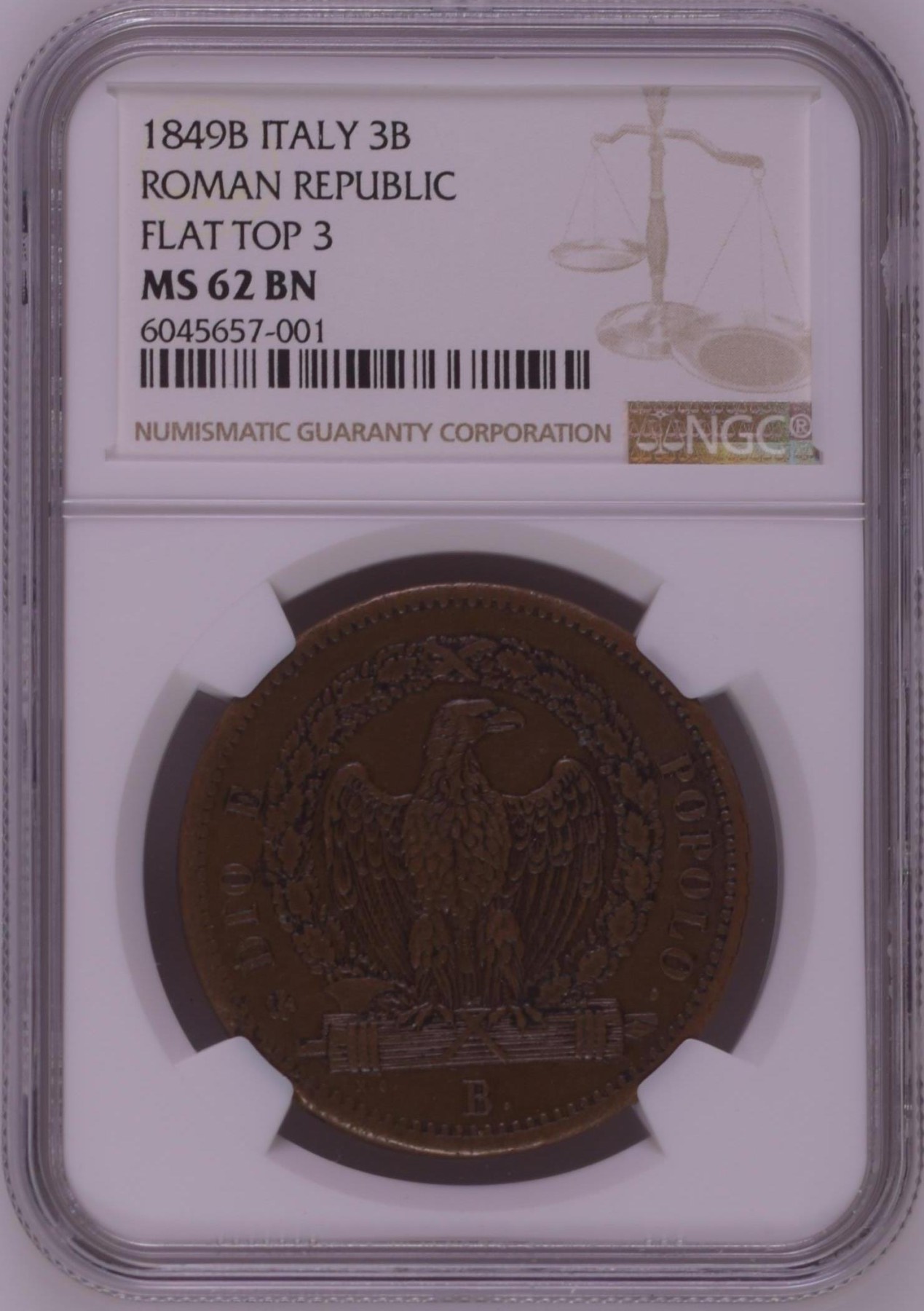 长老汇兔年精选第二场 1849B ITALY ROMAN REPUBLIC FLAT TOP 3意大利罗马共和国3B大铜币，版别：正面平顶数字3，克书MS60分标价200美金