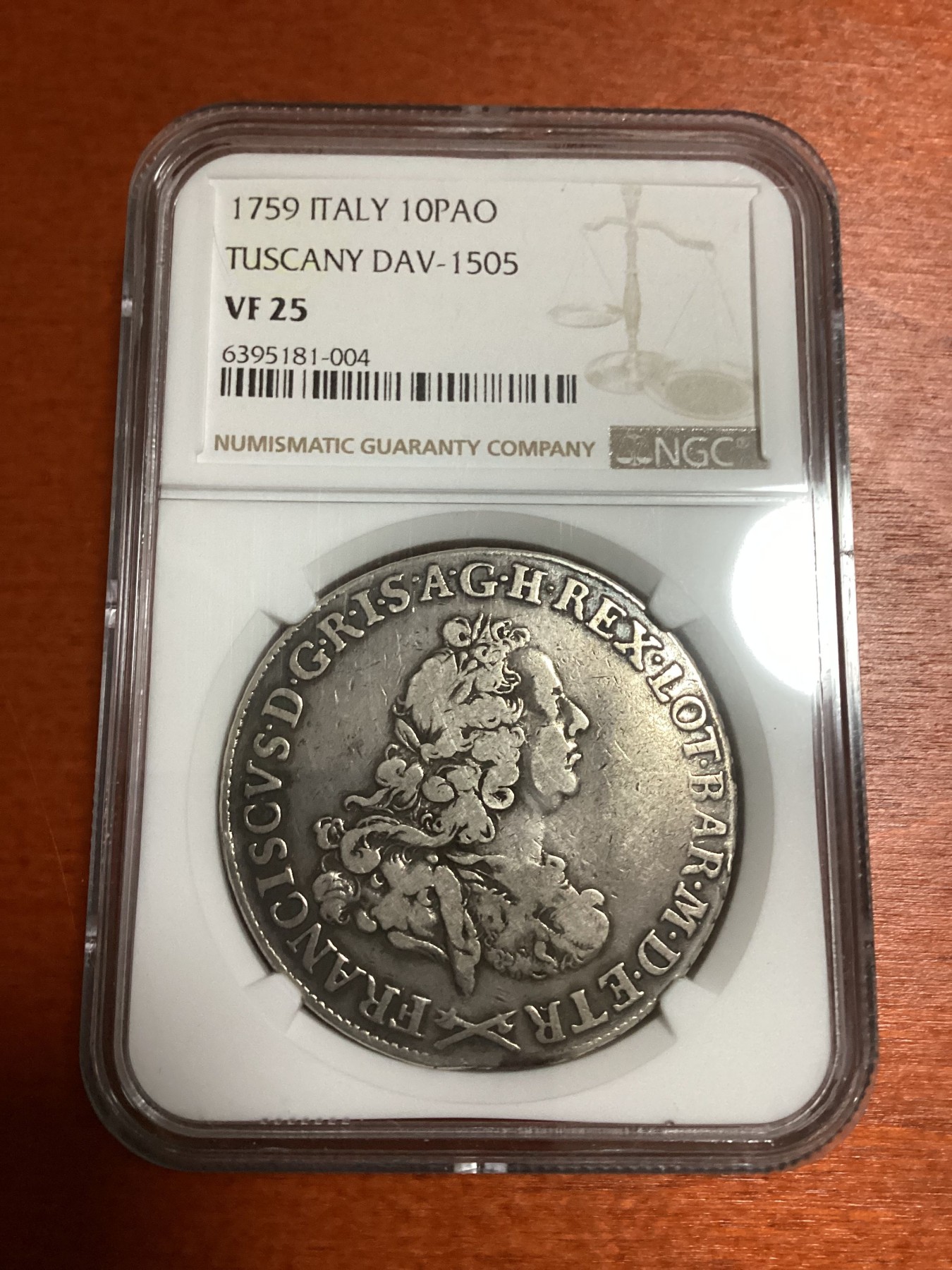 长老汇兔年精选第二场 1759 ITALY TUSCANY DAV-1505意大利托斯坎尼10PAO大银币，NGC VF25分，唯一冠军分，十分稀缺！