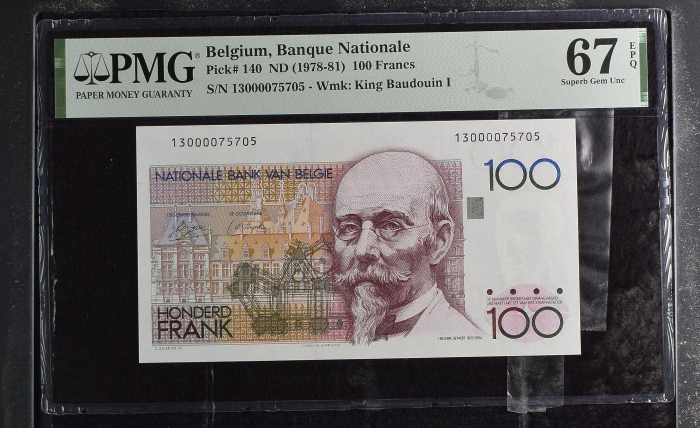 收藏联盟Quantum Auction 第323期拍卖 (需要寄存以及更改收货地址请提前告知) 比利时ND (1978-81)年100法郎 号码无4 稀少背面无签名版 0000狮子号身