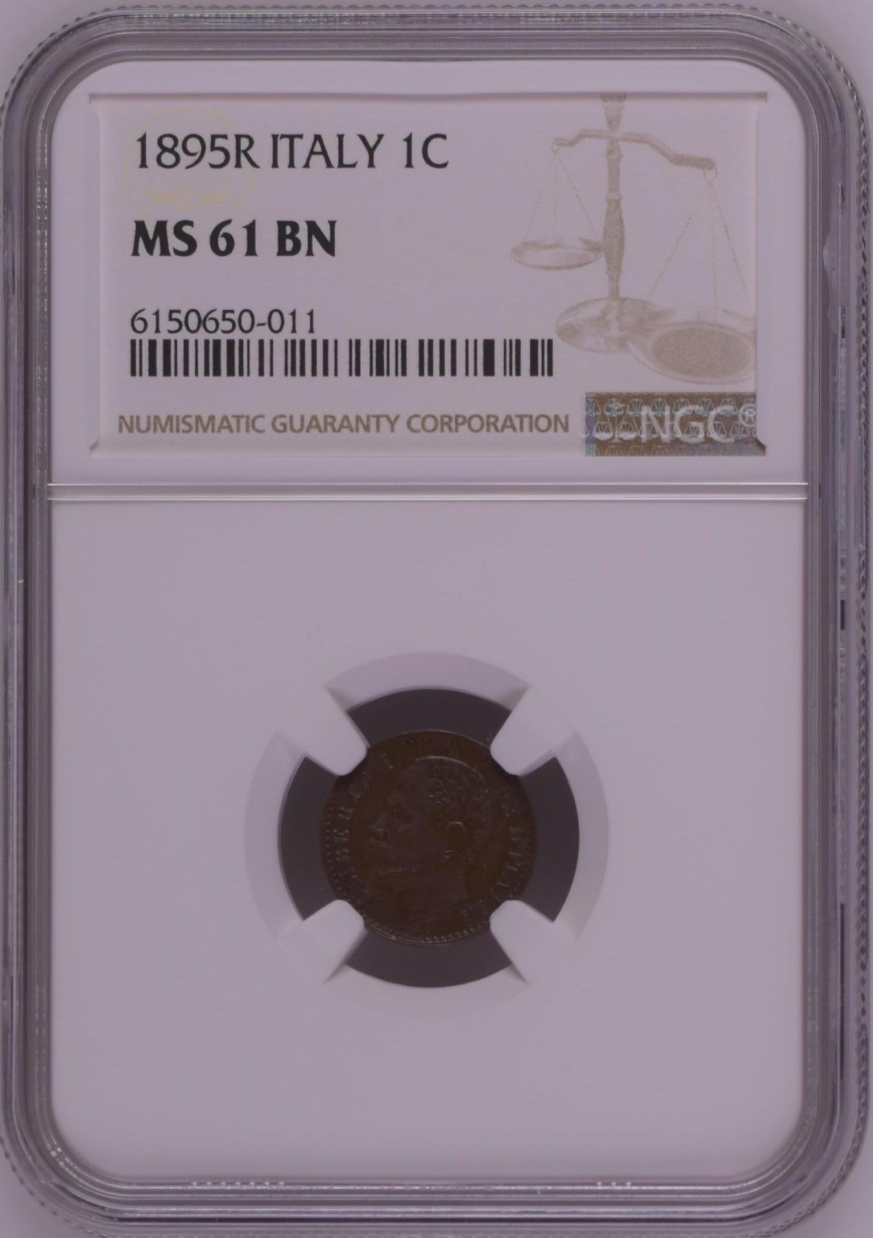 长老汇兔年精选第二场 1895R ITALY意大利翁贝托一世1分铜币，NGC MS61BN，更高分仅有13枚