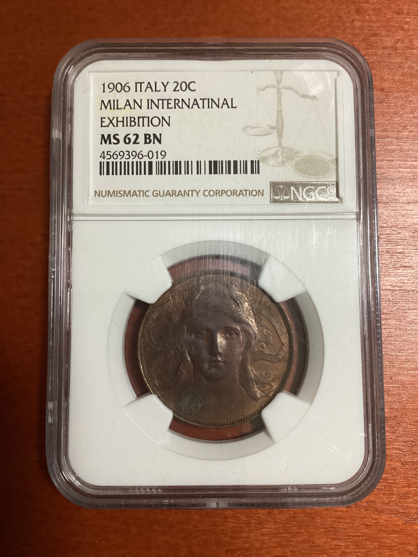 长老汇兔年精选第二场 1906 ITALY MILAN INTERNATIONAL EXHIBITION意大利米兰国际展览会女神密涅瓦20分铜样币，NGC MS62BN，更高分仅有8枚，书价高，实物非常漂亮！