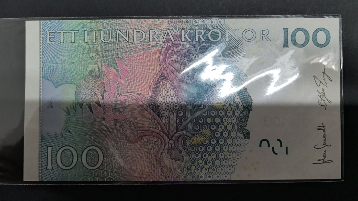 瑞典2001年版(2006年)100克朗 号码开头为6 欧洲纸币 实物图 UNC