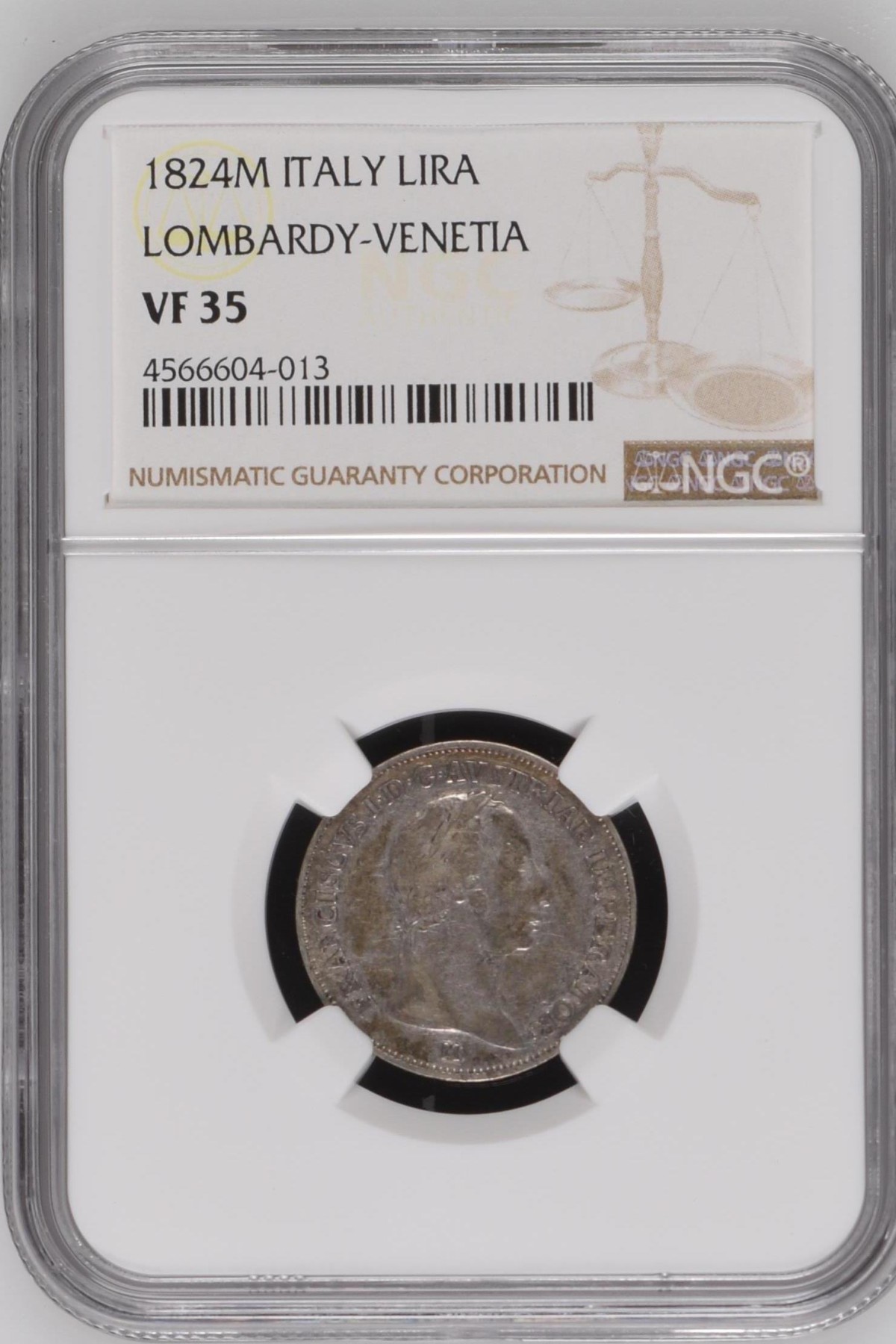 长老汇兔年精选第二场 1824M ITALY LOMBARDY-VENETIA意大利伦巴第1里拉银币，NGC VF35分，更高分仅有三枚