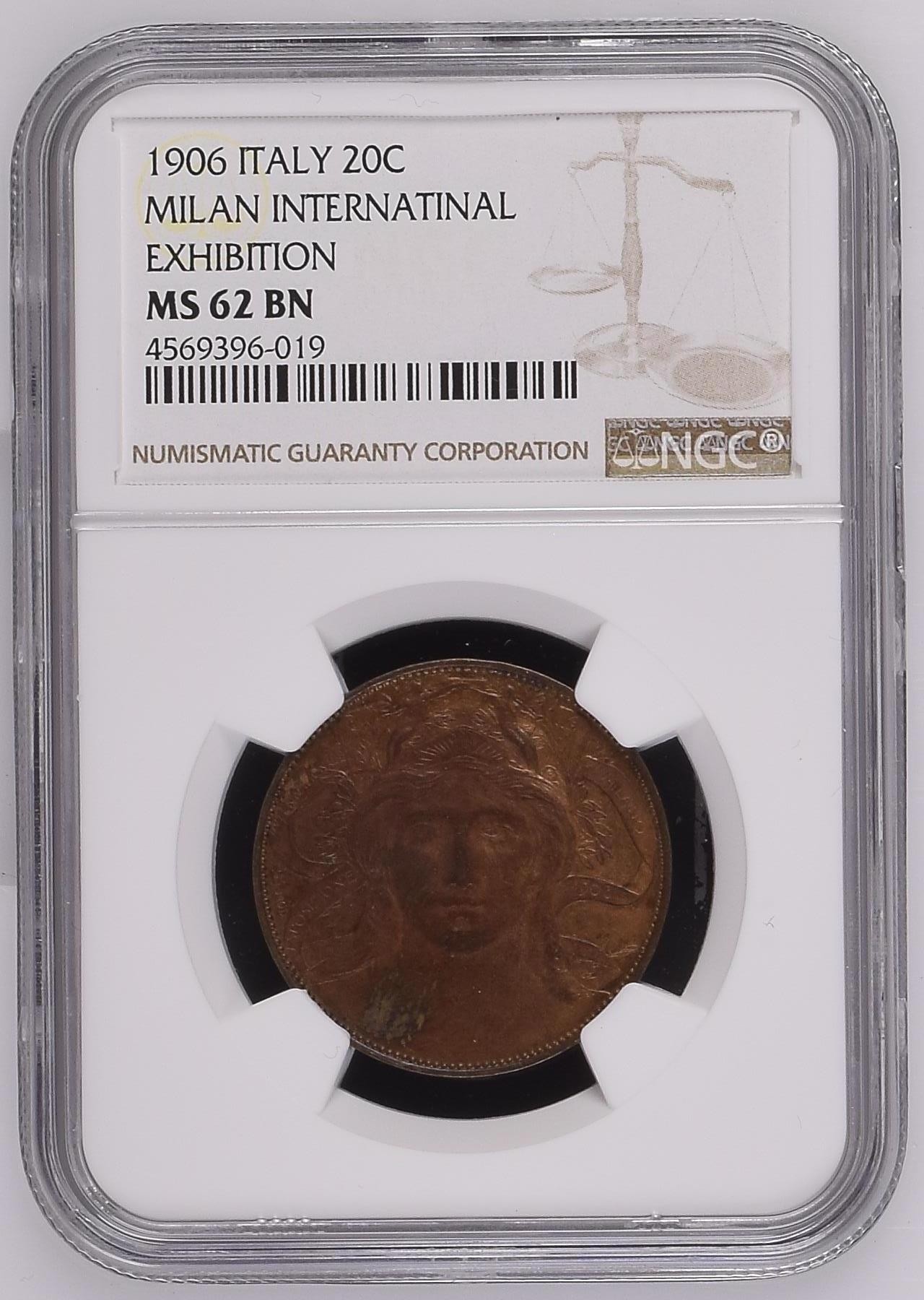 长老汇兔年精选第二场 1906 ITALY MILAN INTERNATIONAL EXHIBITION意大利米兰国际展览会女神密涅瓦20分铜样币，NGC MS62BN，更高分仅有8枚，书价高，实物非常漂亮！