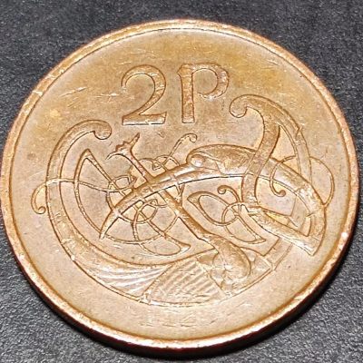 240407 - 爱尔兰 1980-99年 2便士 青铜色硬币 抽象动物鸟 26mm 竖琴 风水