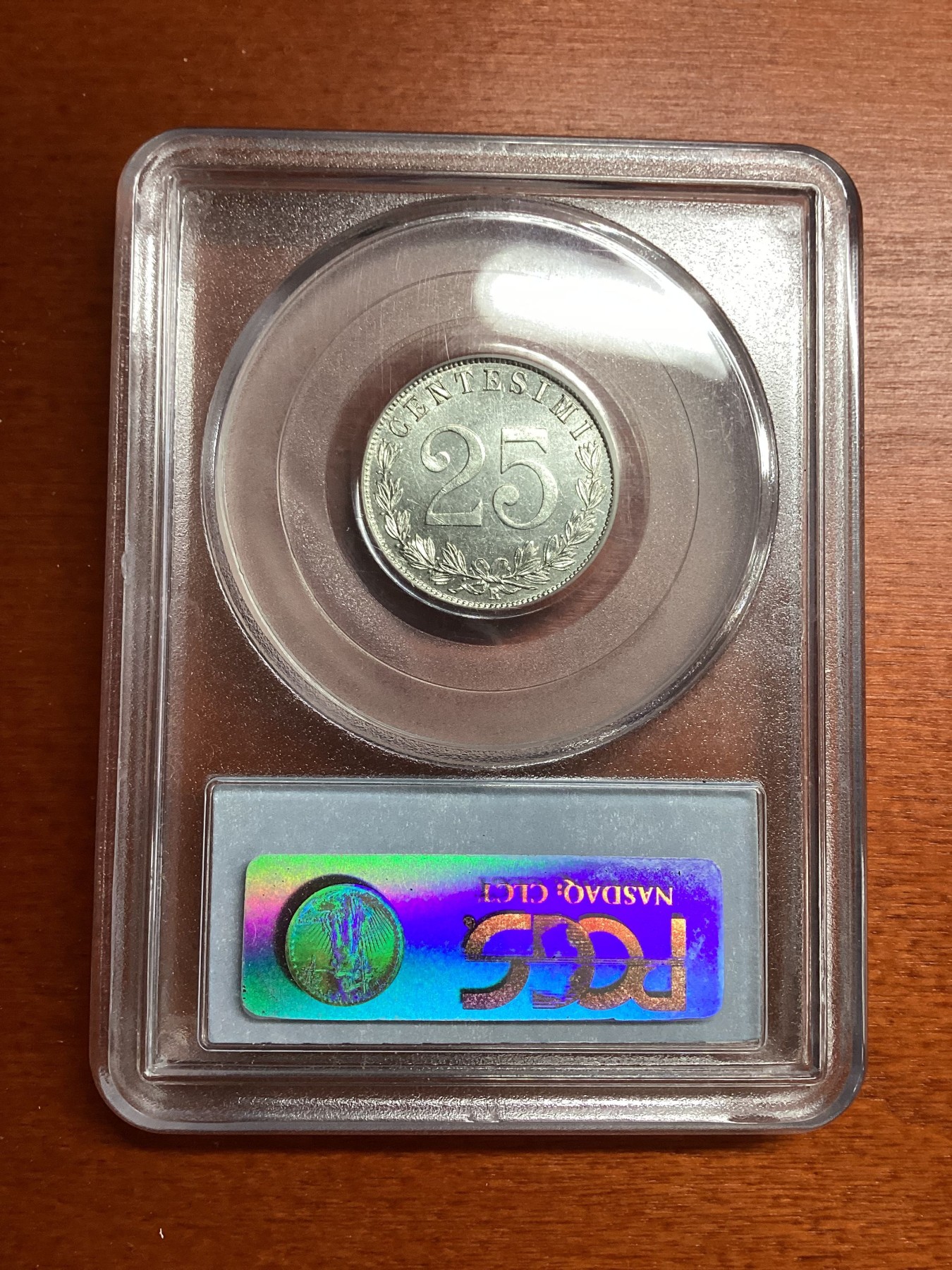 长老汇兔年精选第二场 1902-R 25C意大利25分镍币，PCGS MS63分，季军分，更高分仅有5枚，老盒，币子清爽，适合品玩