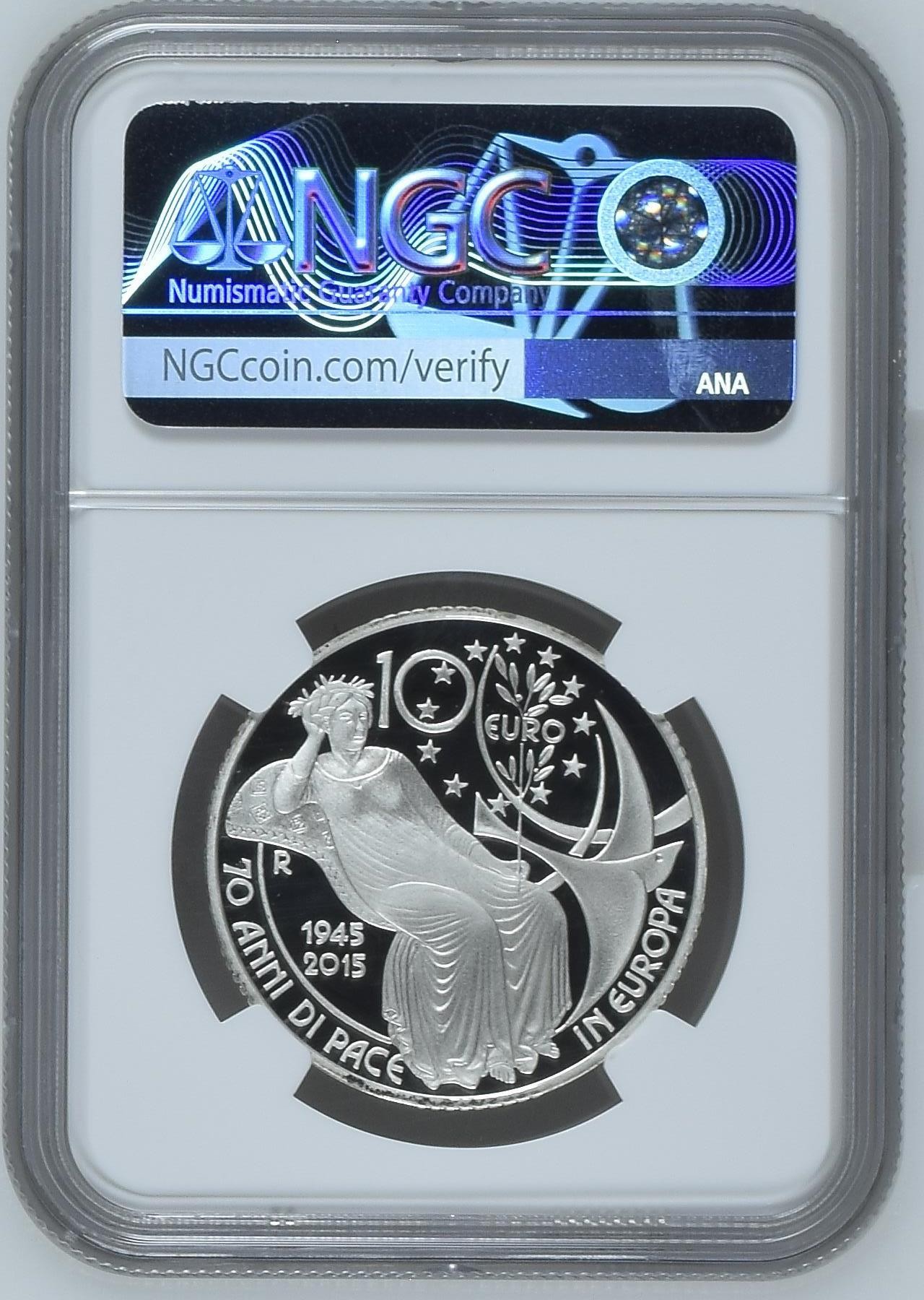 长老汇兔年精选第二场 2015R 意大利欧洲和平70周年10欧元精制银币，获奖币，NGC PF70UC，热门品种，十分难找。不久前裸币，品相不如这个，麦稀奇成交价在3000元左右
