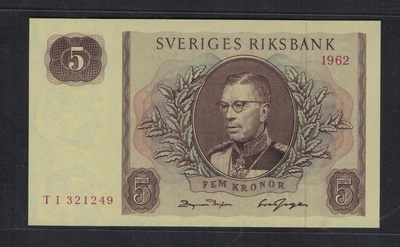 瑞典1962年5克朗 P-50a 欧洲纸币 实物图 UNC - 瑞典1962年5克朗 P-50a 欧洲纸币 实物图 UNC
