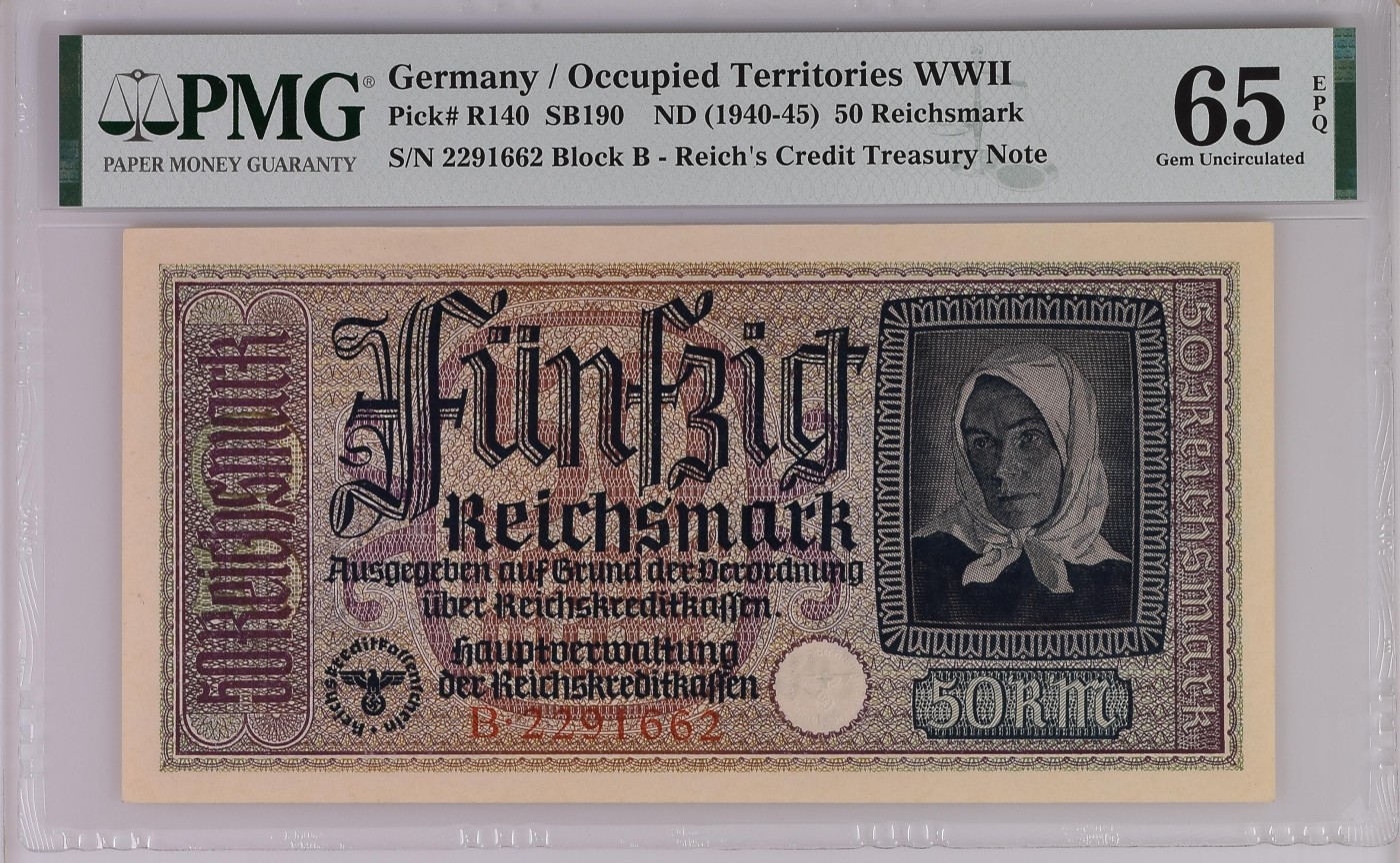 收藏联盟Quantum Auction 第323期拍卖 (需要寄存以及更改收货地址请提前告知) 德国ND (1940-45)年50马克 PMG65 号码无3457朦胧号