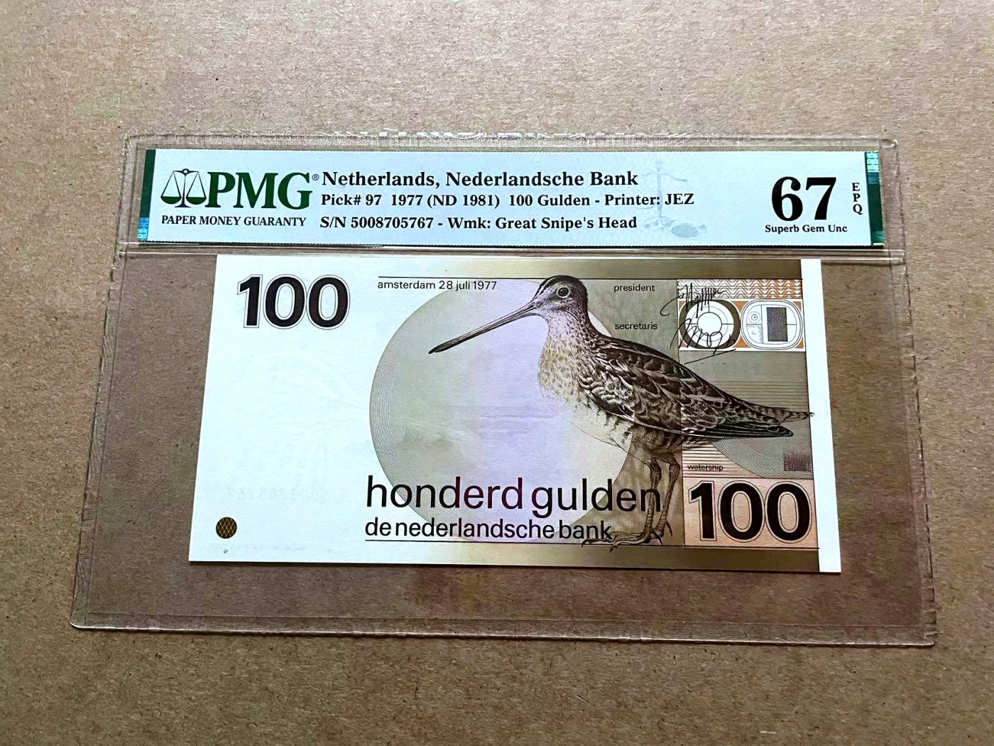 【Blue Auction】✨世界纸币精拍第432期——新年首拍 荷兰 1977年100盾 水鸟 PMG67EPQ 高分