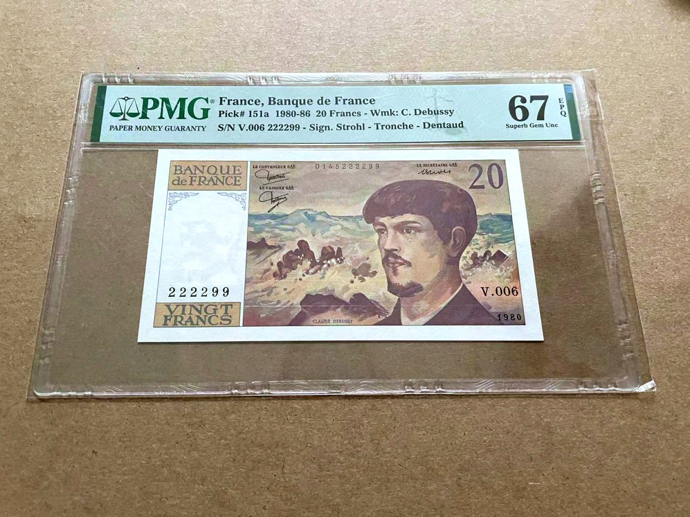 【Blue Auction】✨世界纸币精拍第432期——新年首拍 【靓号222299 初版首年】法国 1980年20法郎 PMG67EPQ 高分