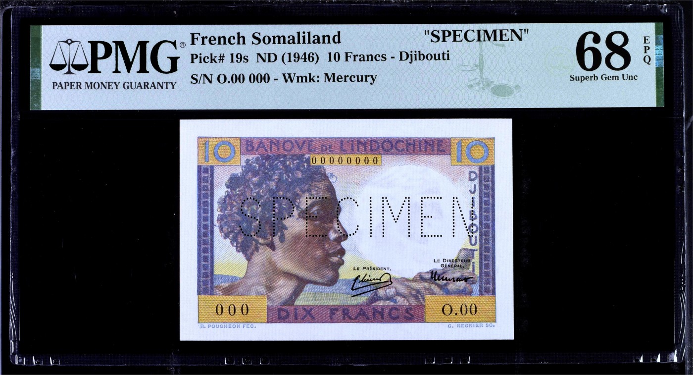 【Blue Auction】✨世界纸币精拍第432期——新年首拍 法属索马里兰 1946年10法郎 PMG68EPQ 超高分 骆驼队 样钞 