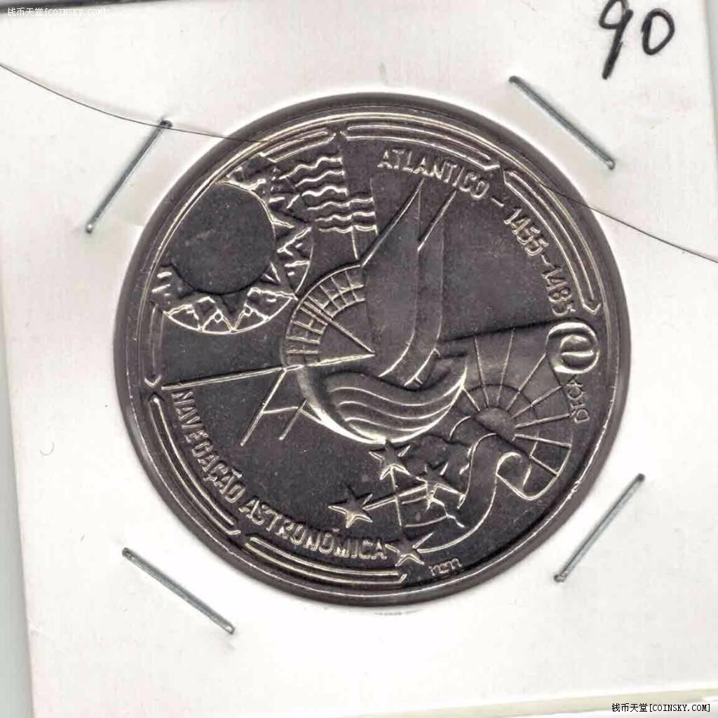 葡萄牙1990年100埃斯库多 航海发现发明天文导航法纪念币 实物图 UNC-