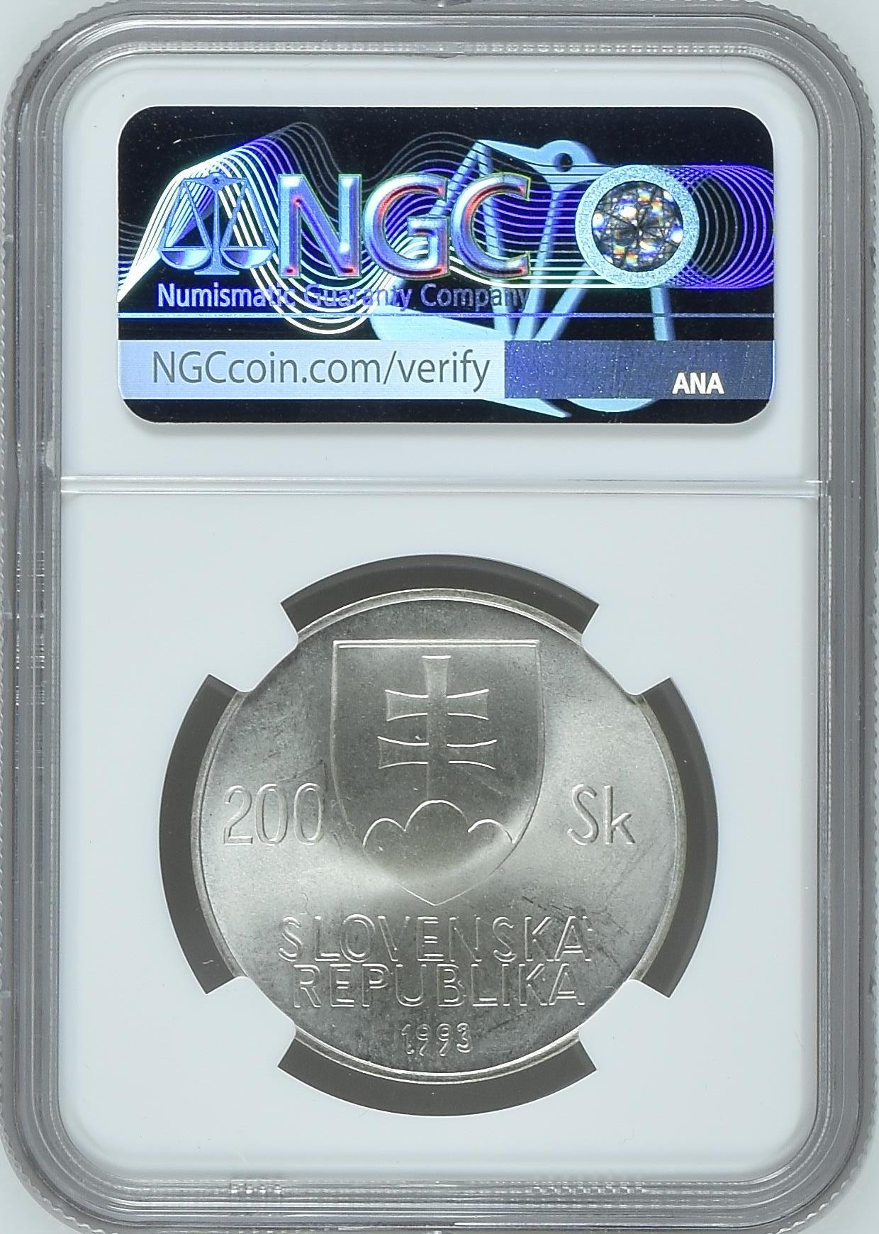 长老汇兔年精选第二场 1993 斯洛伐克 扬·柯勒诞辰百年200克朗银币，NGC MS64分，唯一亚军分，更高分仅有一枚，1万多枚2002销毁，少见