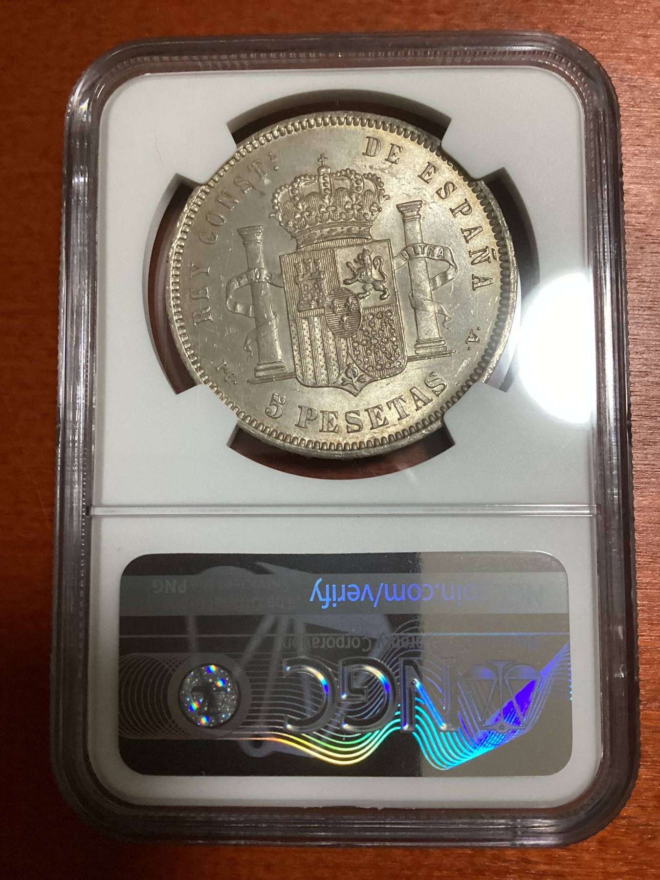 长老汇兔年精选第二场 1894(94) PGV 西班牙阿方索十三世5比塞塔大银币，NGC MS62分，第四名，更高分仅有9枚