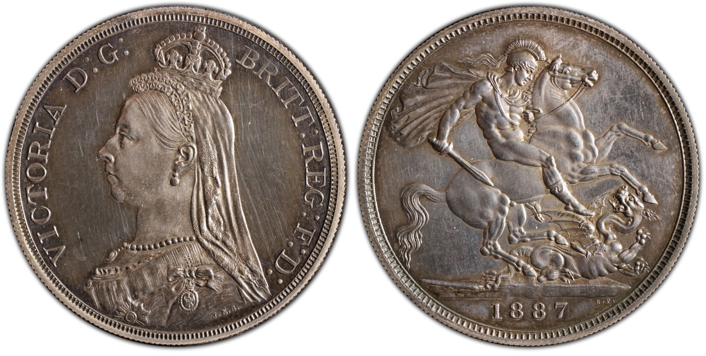 长老汇兔年精选第二场 1887 Crown S-3921, CAM英国维多利亚马剑1克朗精制银币，PCGS PR62CAM，非常难得，蓝汪汪底板，仅有1000枚左右，可遇不可求。本场推荐！！！
