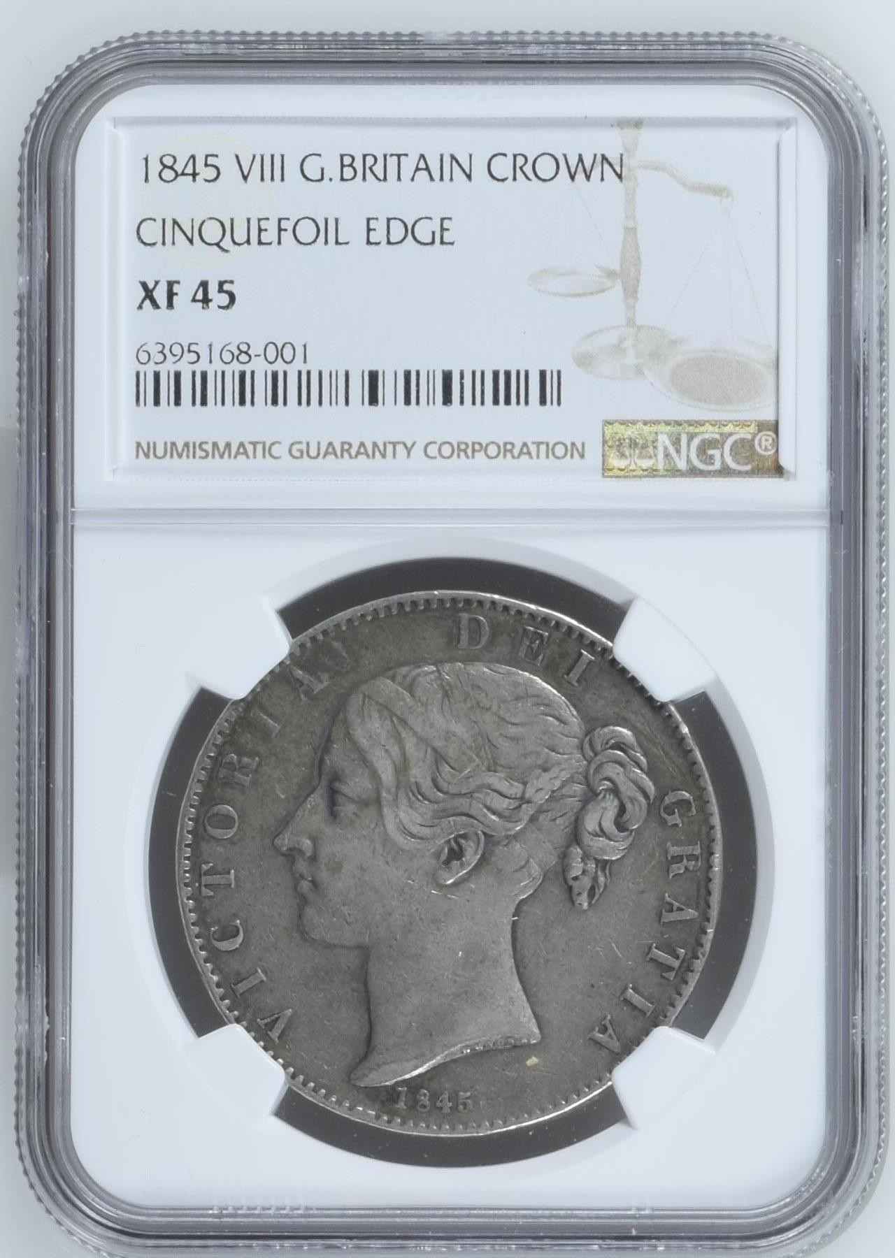 长老汇兔年精选第二场 1845 VIII G.BRITAIN CINQUEFOIL EDGE英国维多利亚早期1克朗大银币，NGC XF45分，克书价超两万元，难得一见