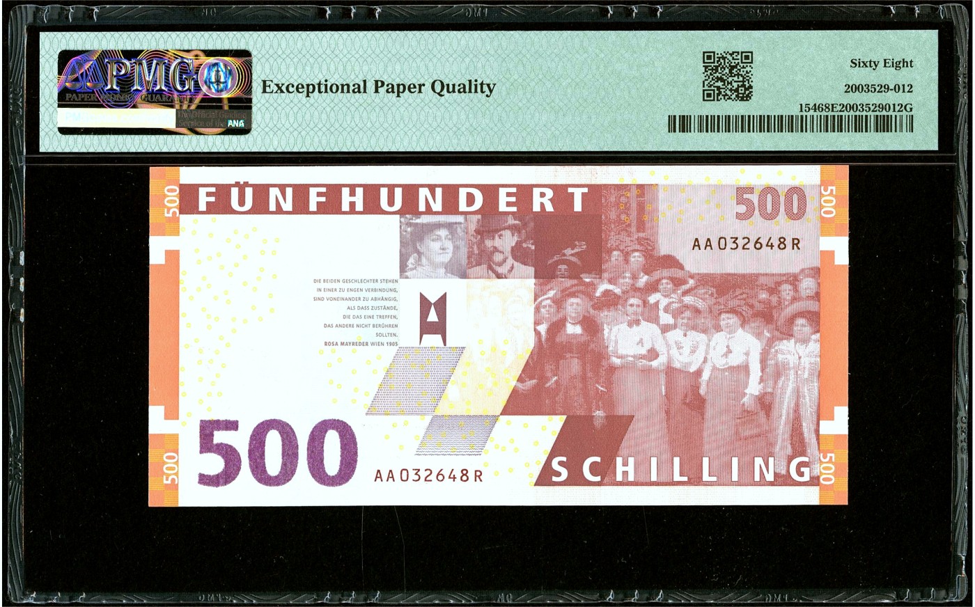 【Blue Auction】✨世界纸币精拍第432期——新年首拍 【AA冠 仅1张更高分】奥地利 末版 1997年500先令 PMG68EPQ 超高分 精美 
