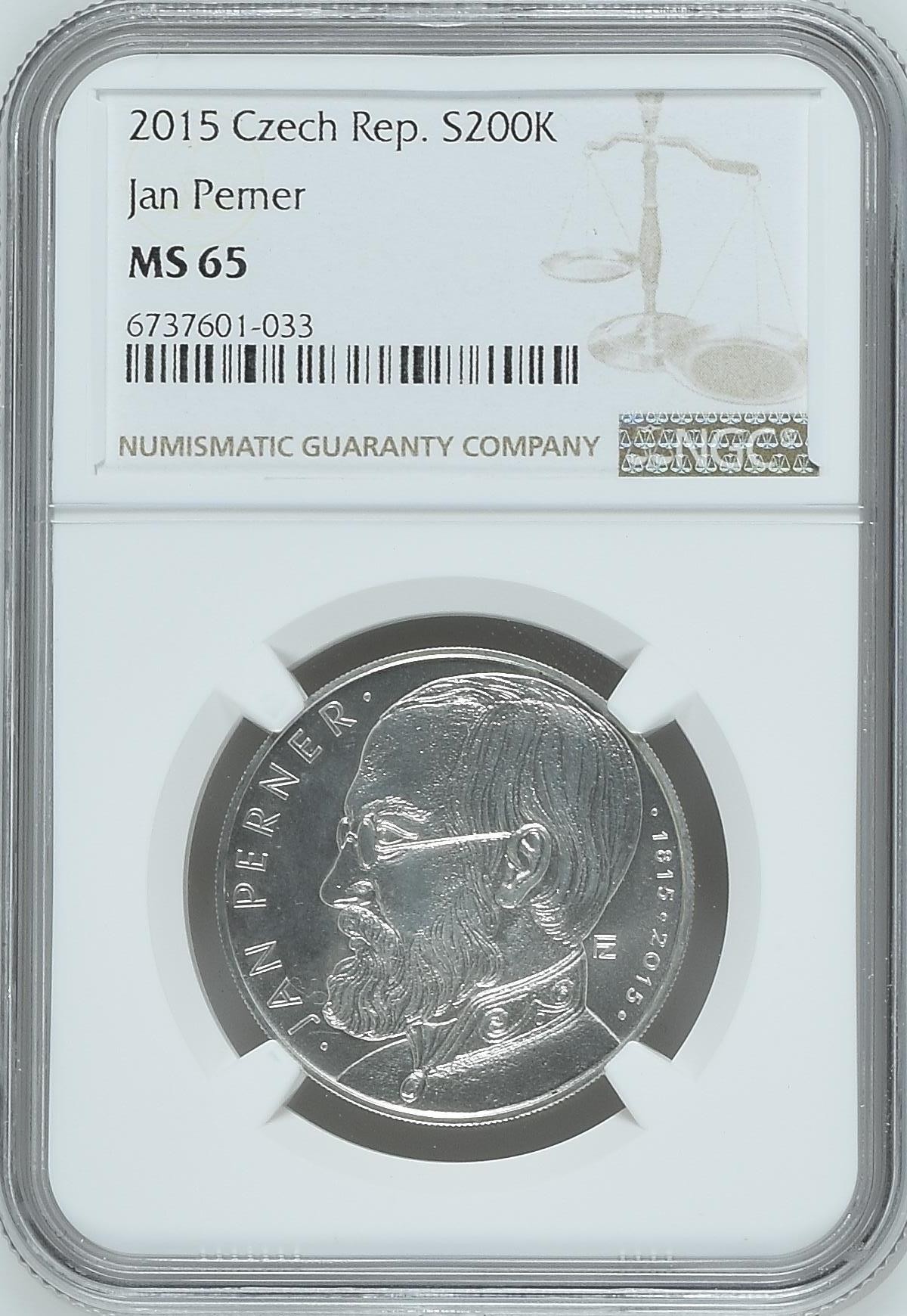 长老汇兔年精选第二场 2015 捷克扬·佩尔纳200克朗银币，NGC MS65分，唯一冠军分