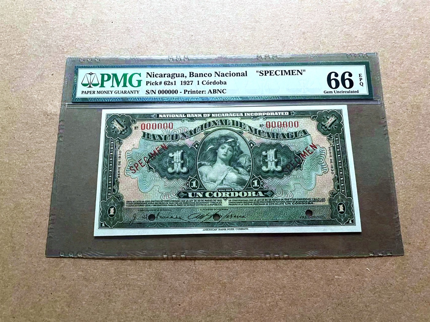 【Blue Auction】✨世界纸币精拍第432期——新年首拍 尼加拉瓜 1927年1克朗 ABNC雕刻精美 裸女 早期绿色版较少见 PMG66EPQ 样钞 老壳子 非常经典的一张 